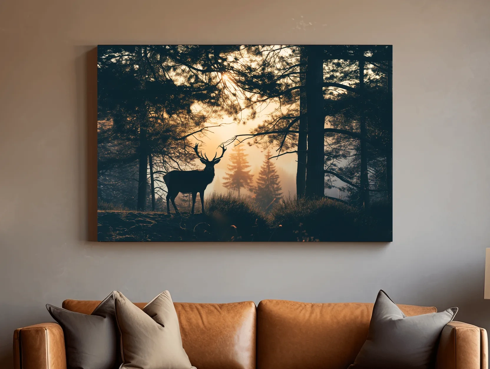 Moody Deer Silhouette In Misty Pine Forest - Golden Sunrise Wildlife Wall Art