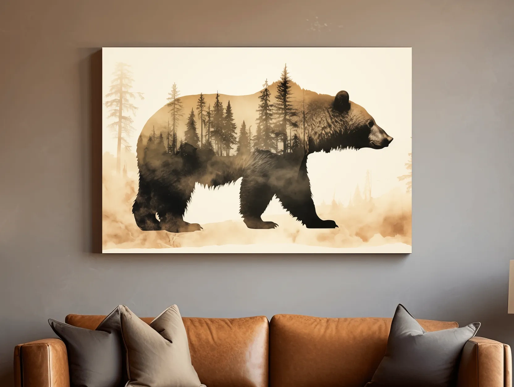 Double Exposure Grizzly Bear Forest Silhouette - Misty Wilderness Nature Artwork