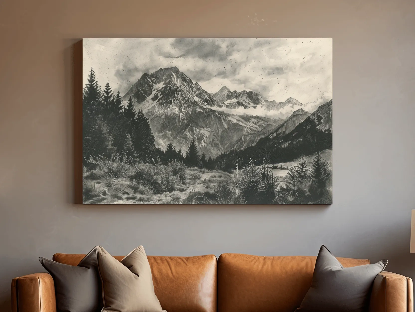 Monochrome Alpine Meadows Mountain Range - Vintage Sketch Landscape Wall Art