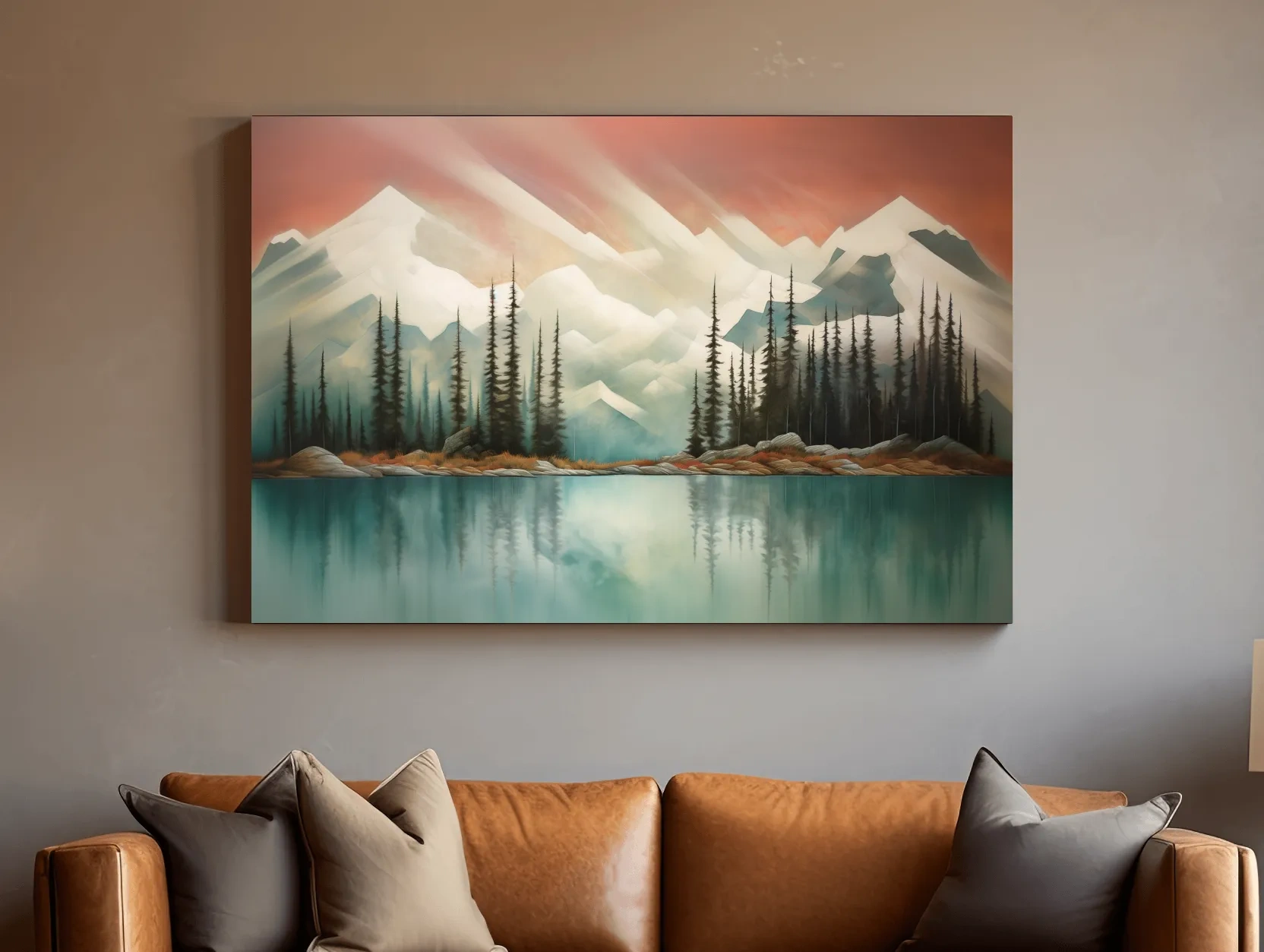 Abstract Alpine Lake Landscape Painting - Serene Pine Forest Mountain Wall Art