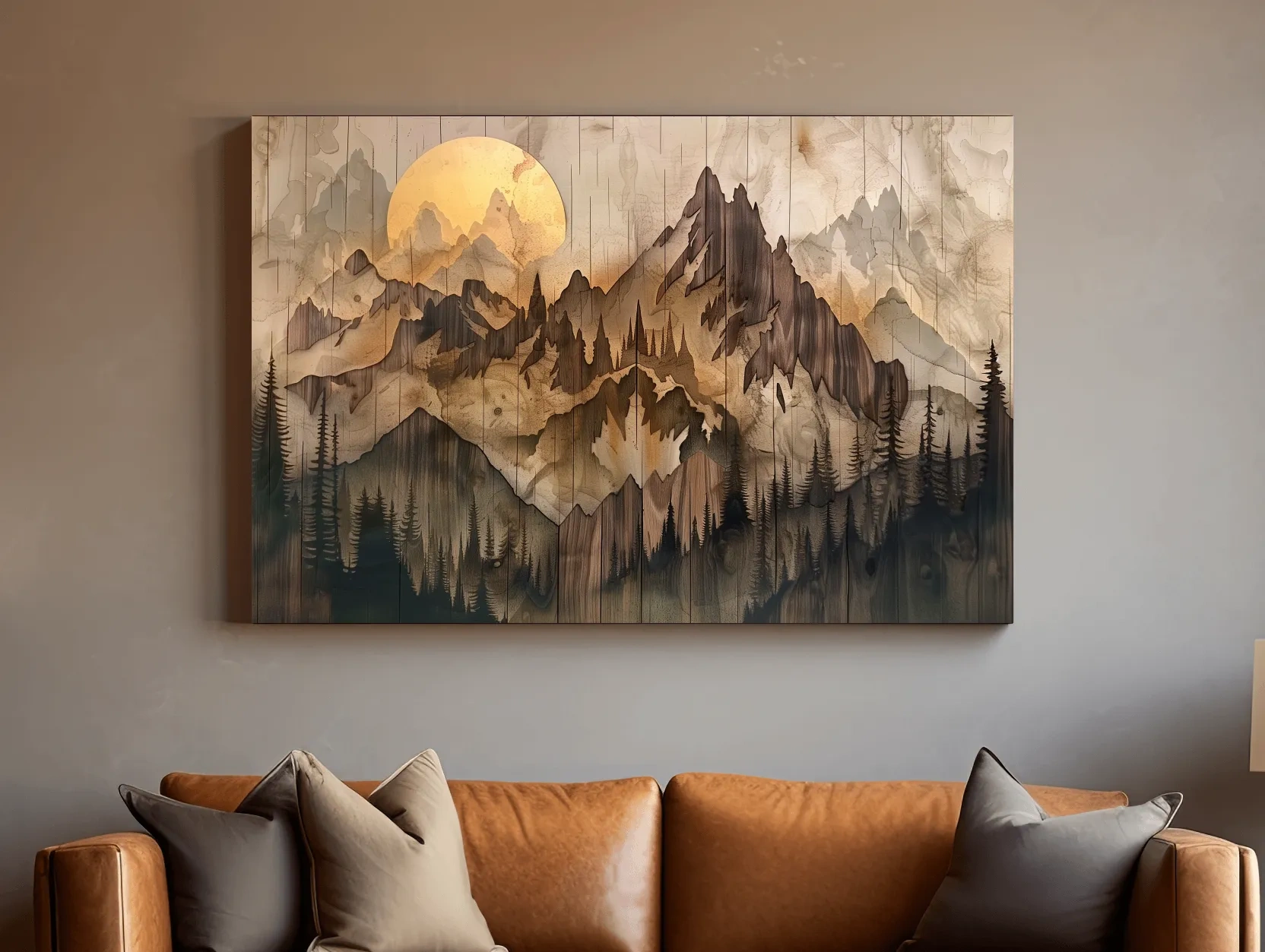 Rustic Sepia Mountain Sunrise Landscape - Vintage Wood Grain Watercolor Artwork
