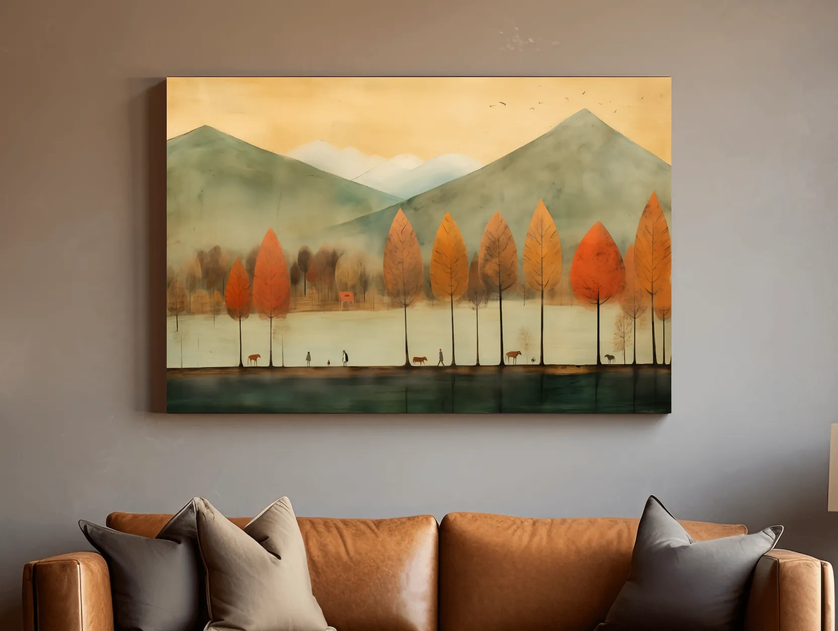 Autumn Tree Lined Lake Landscape - Quirky Watercolor Style Wall Art