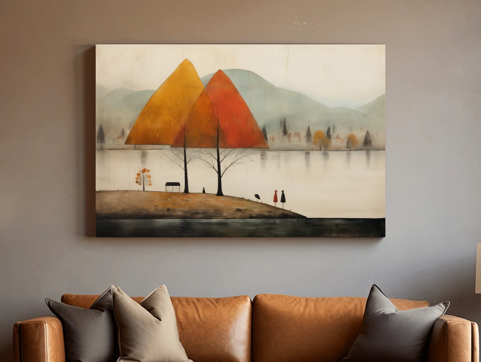 Autumn Mountains Over Misty Lakeside - Quirky Landscape Artwork