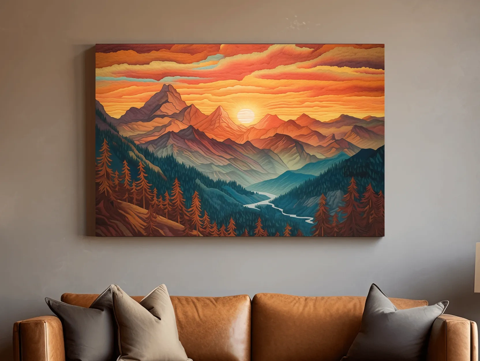 Vibrant Sunset Mountain Range Illustration - Layered Alpine Landscape Wall Art