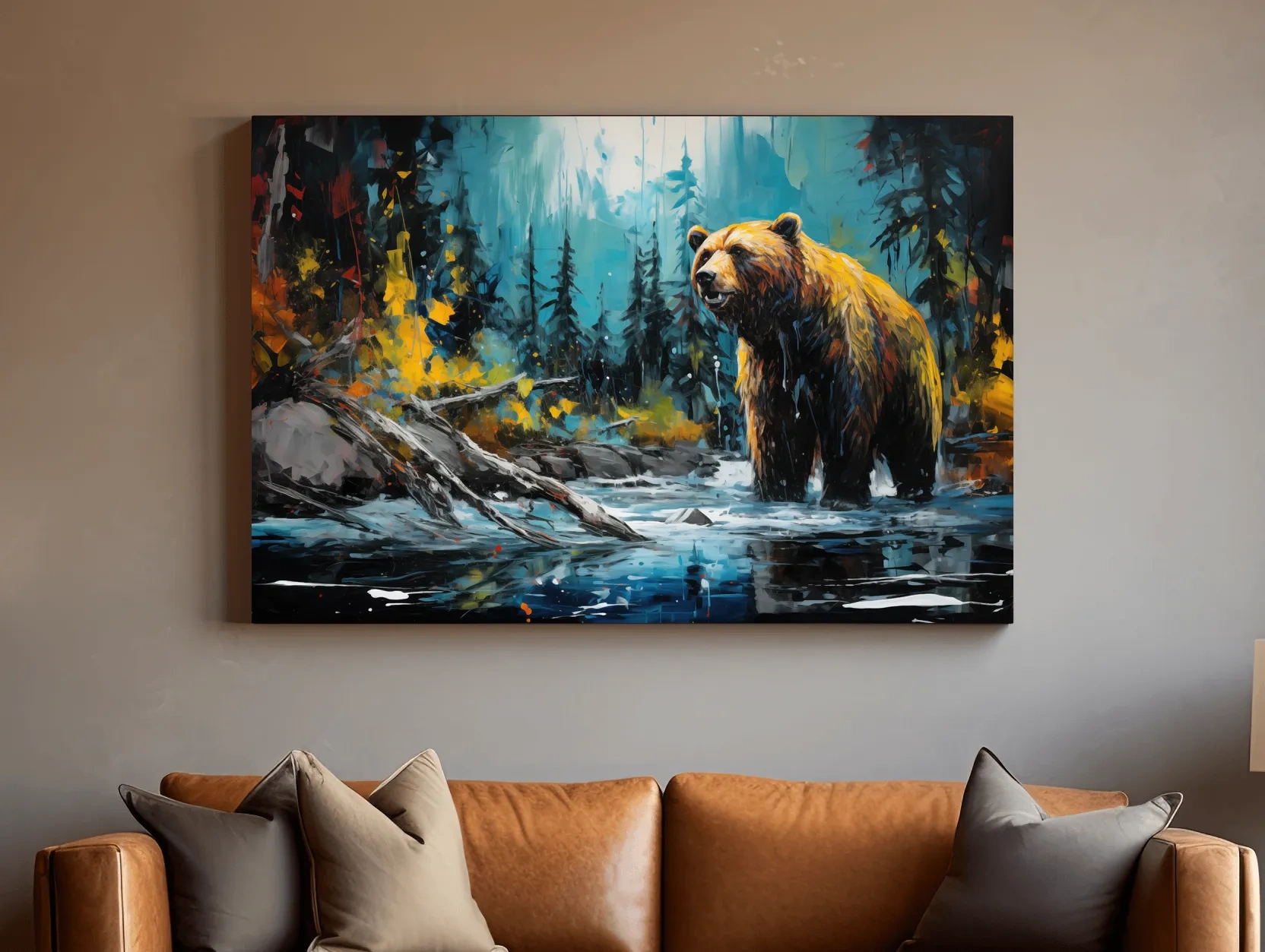 Grizzly Bear Forest River Painting - Vibrant Wildlife Nature Wall Art