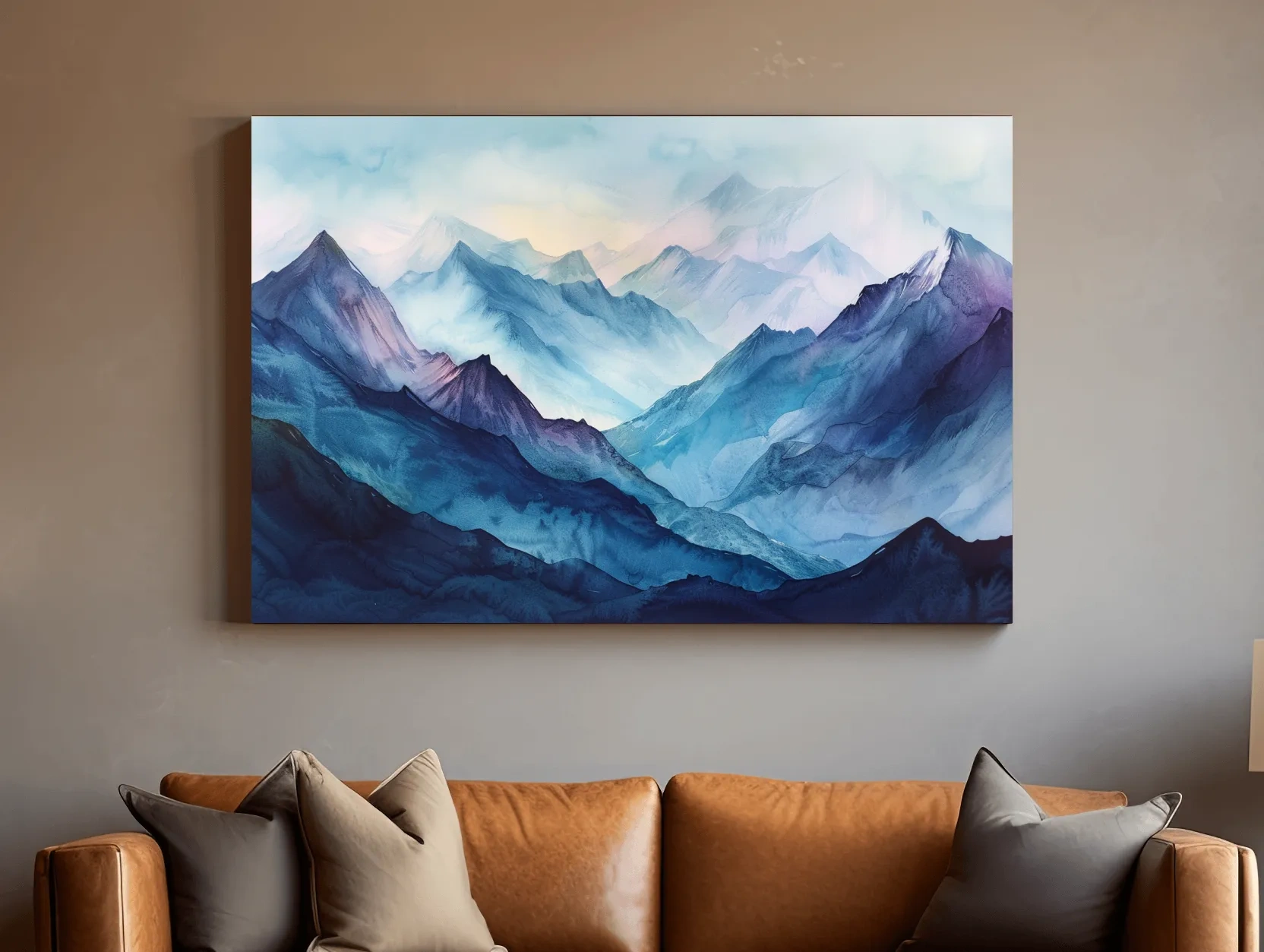 Misty Blue Watercolor Mountain Range Artwork - Serene Colourful Landscape Wall Art