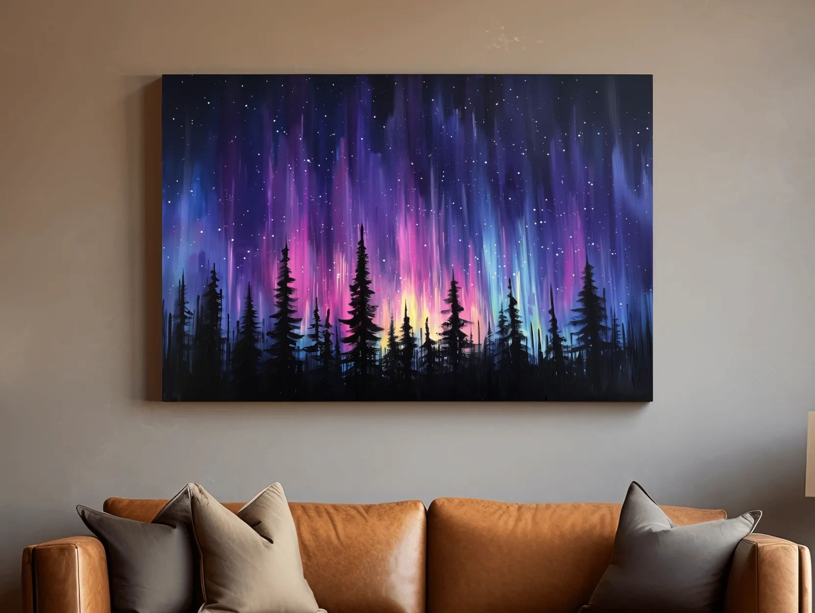 Vibrant Purple Northern Lights & Silhouetted Pine Forest - Aurora Borealis Painting Wall Art