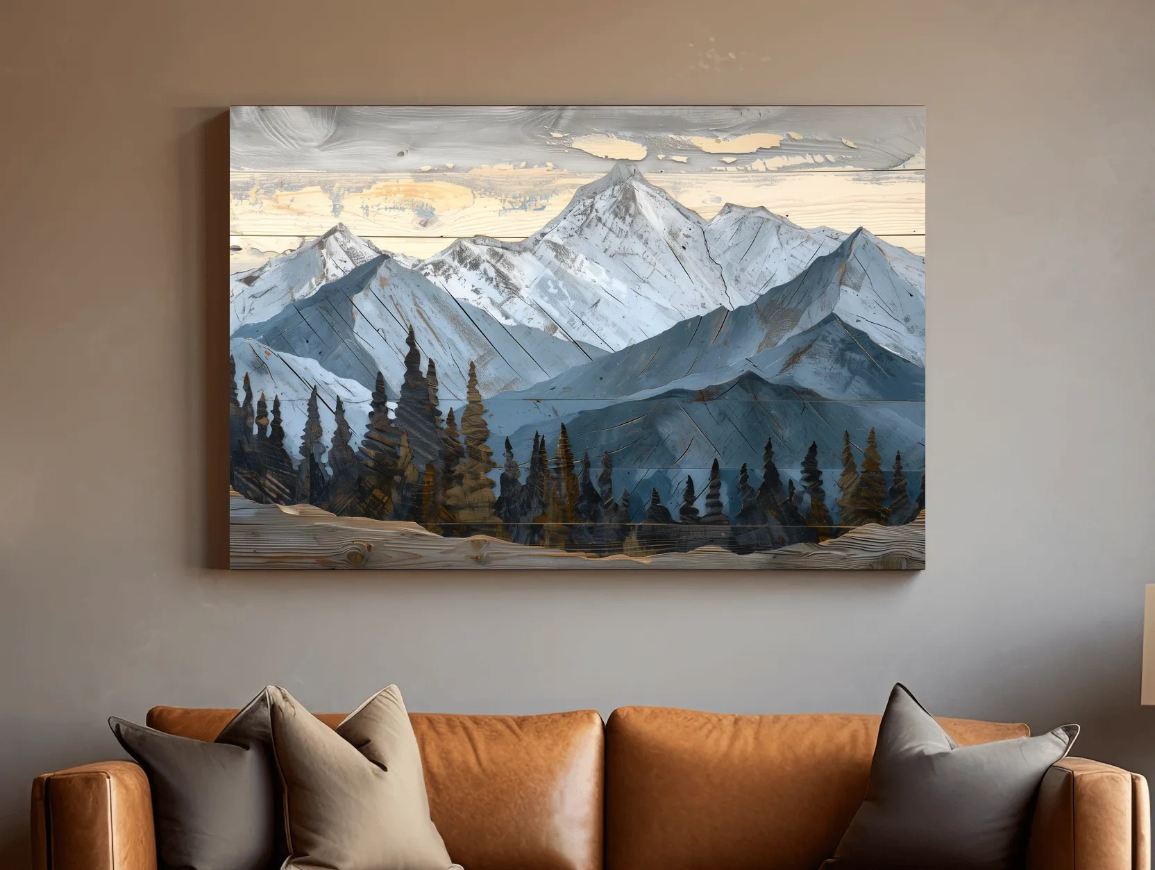 Alpine Forest Mountain Range Artwork - Rustic Woodgrain Landscape Wall Art