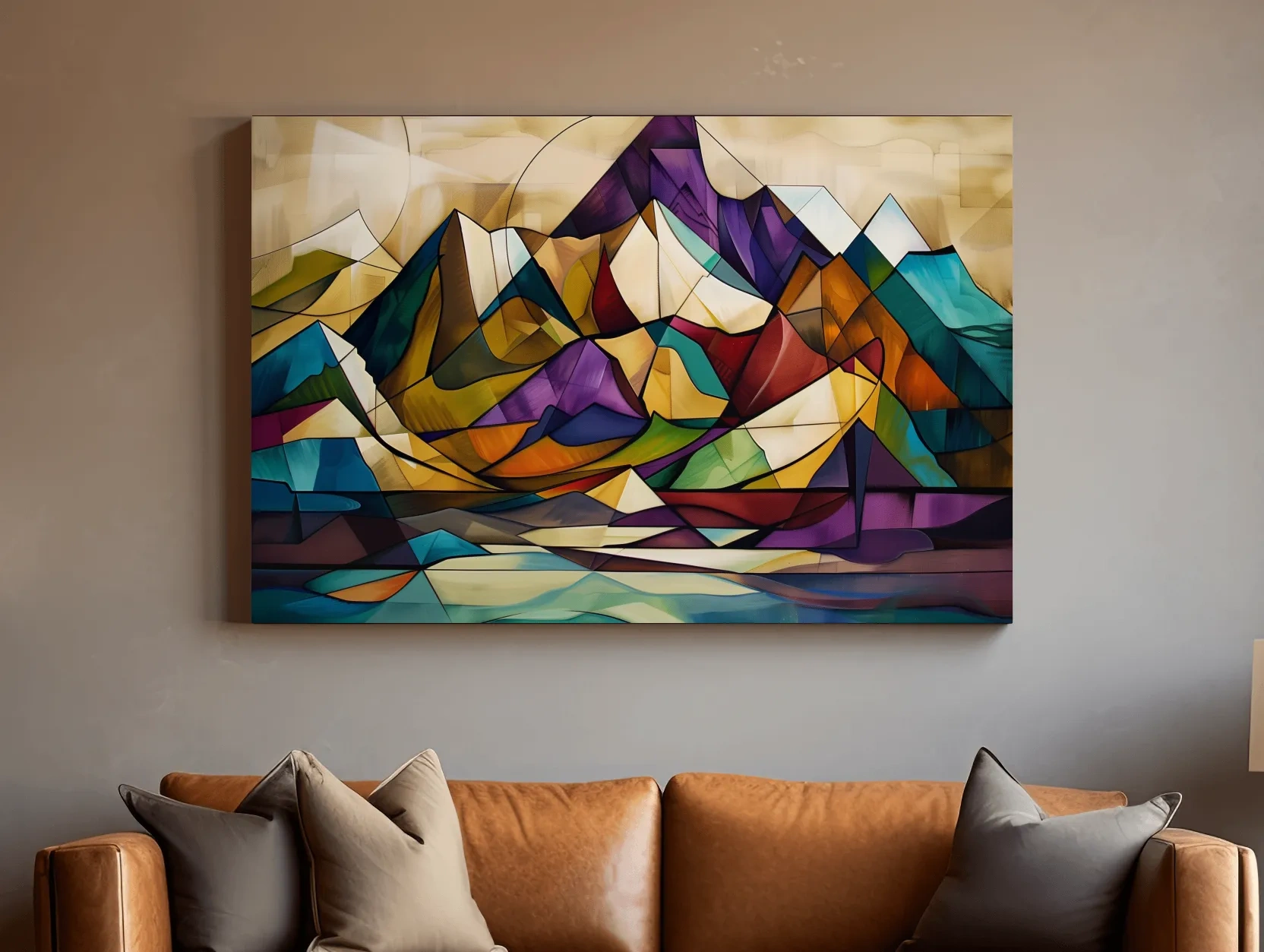 Vibrant Leadlight Style Mountain Range Painting - Abstract Colorful Stained Glass Wall Art