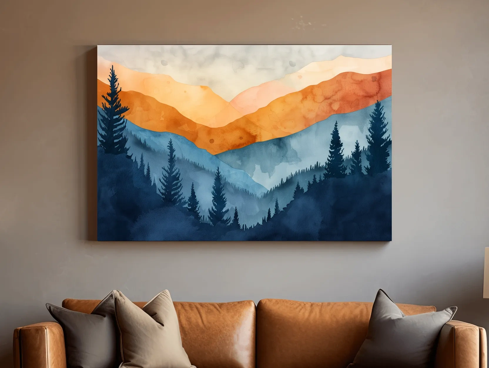 Moody Watercolor Mountain Range Silhouette - Pine Forest Painting Wall Art