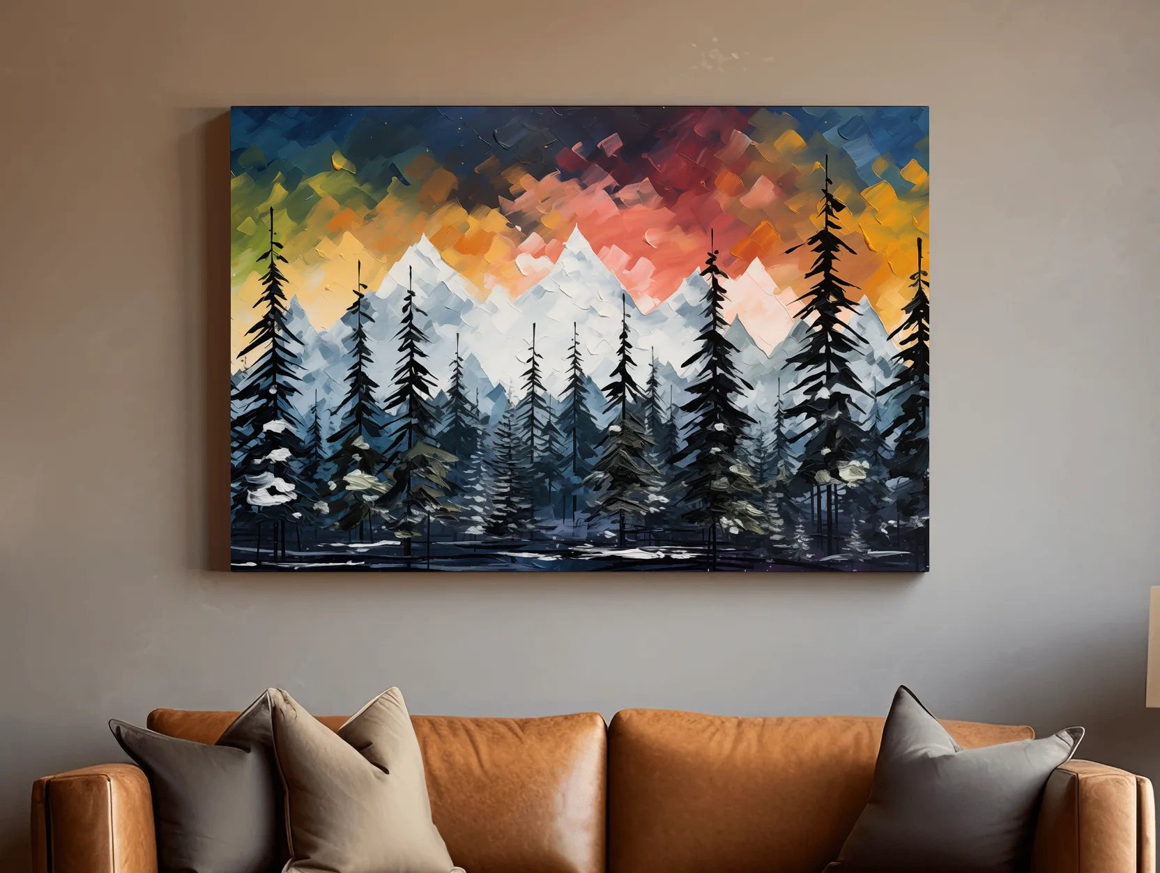 Moody Alpine Mountain Sunset With Pine Forest - Palette Knife Painting Style Landscape Art