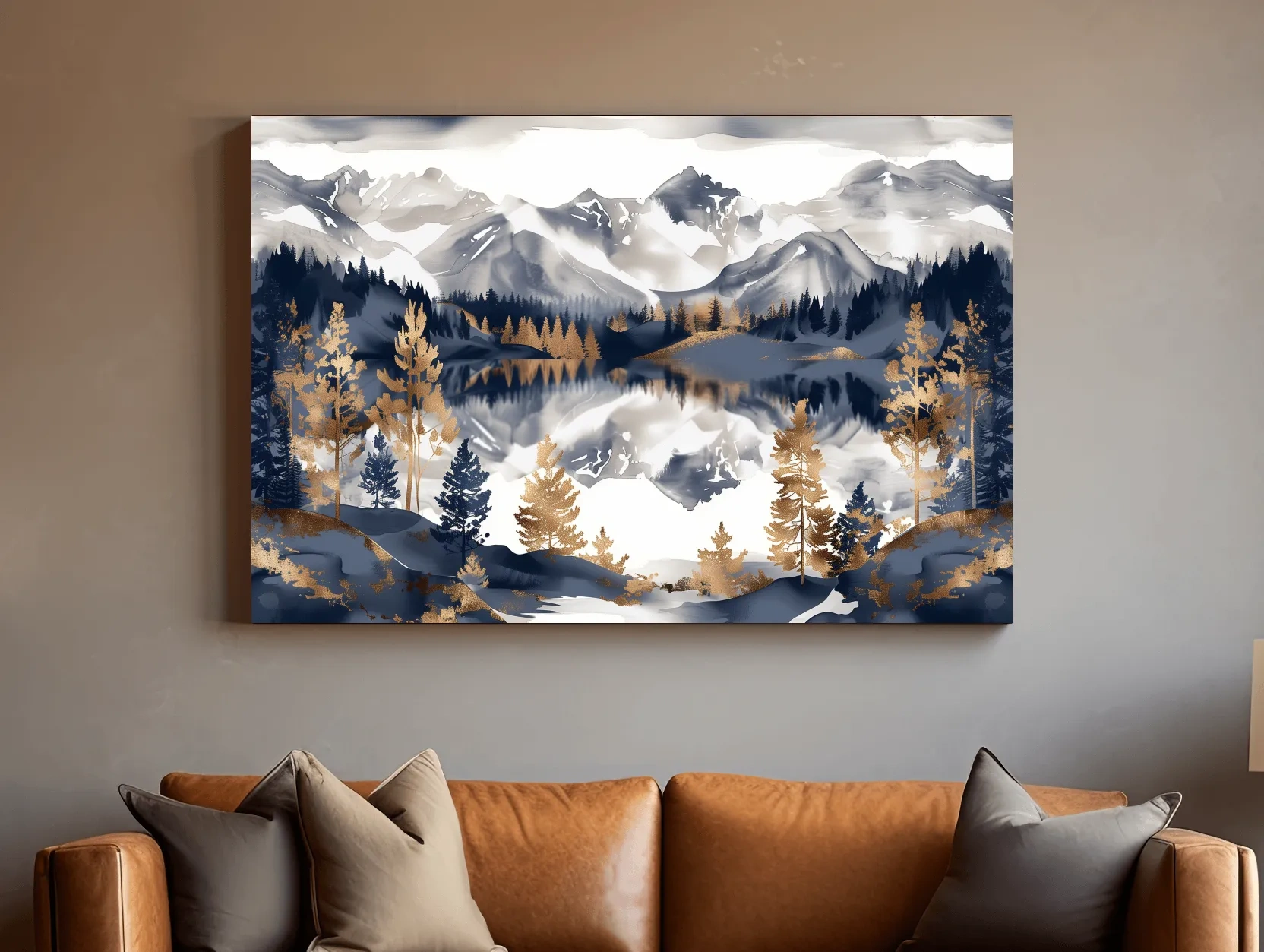 Gold Leaf Style Watercolor Alpine Lake Reflection - Mountain Landscape Artwork