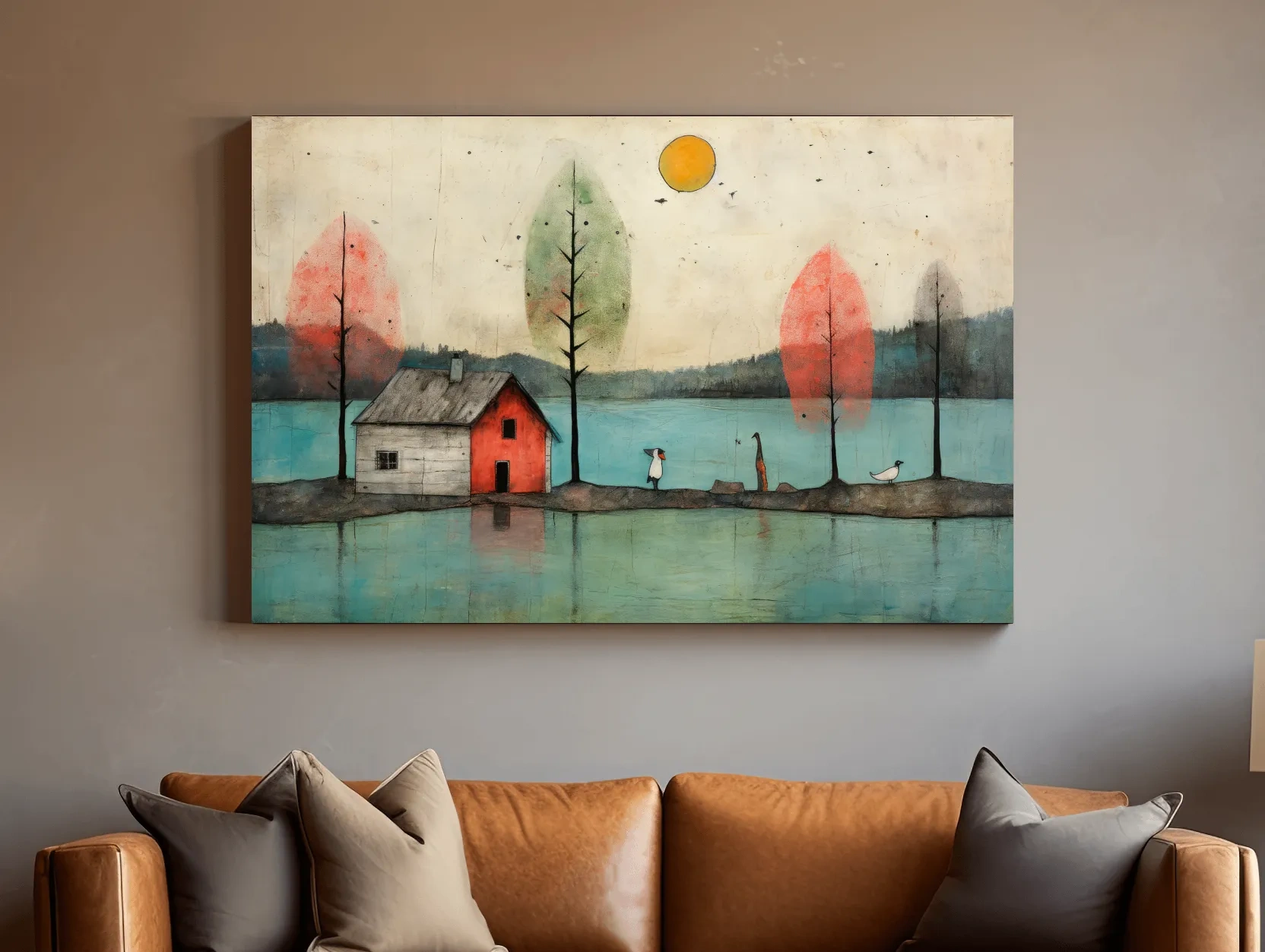 Whimsical Lakeside Cabin Illustration - Rustic Folk Landscape Wall Art