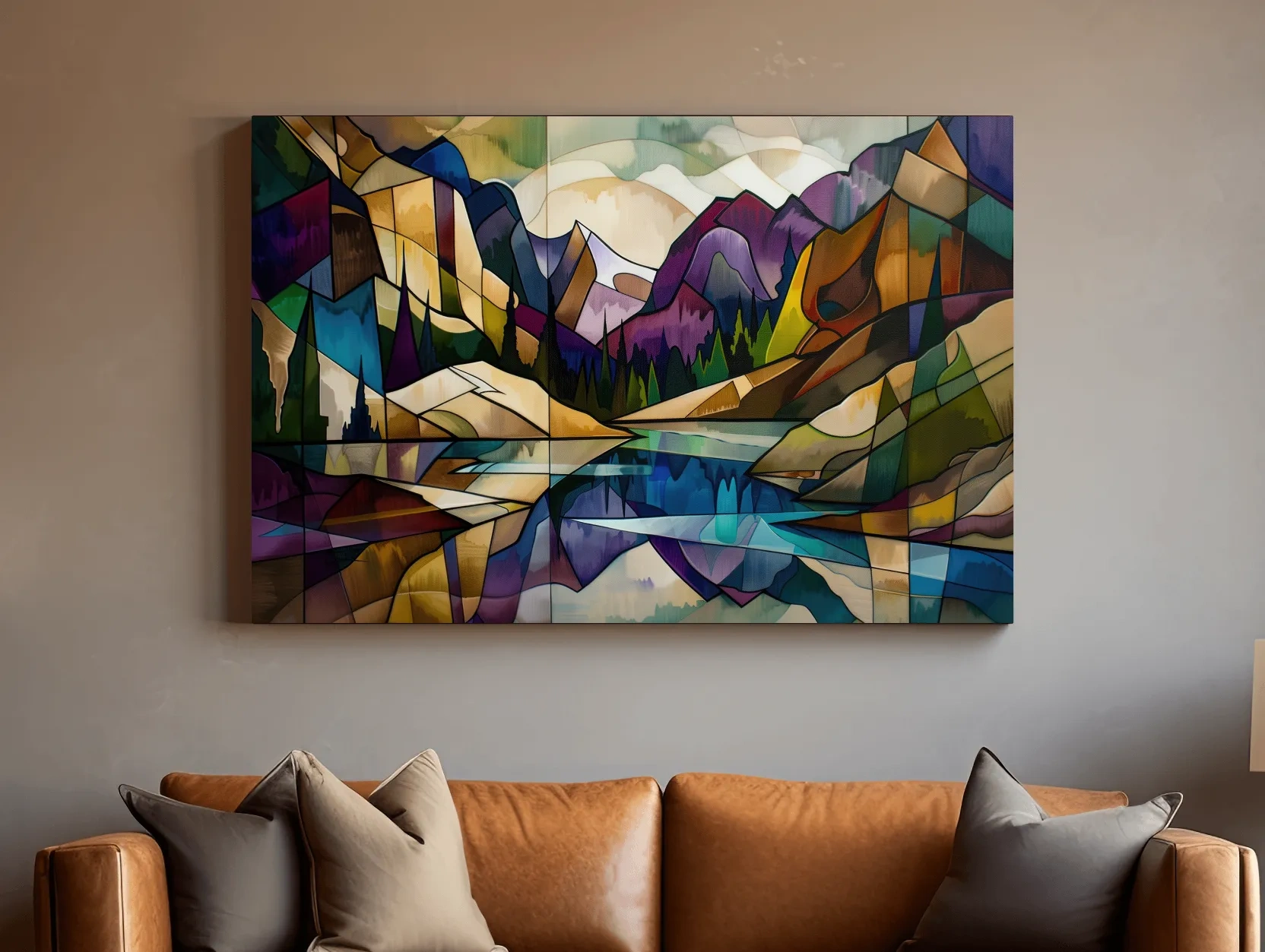Abstract Stained Glass Mountain Lake Landscape - Colorful Geometric Alpine Wall Art