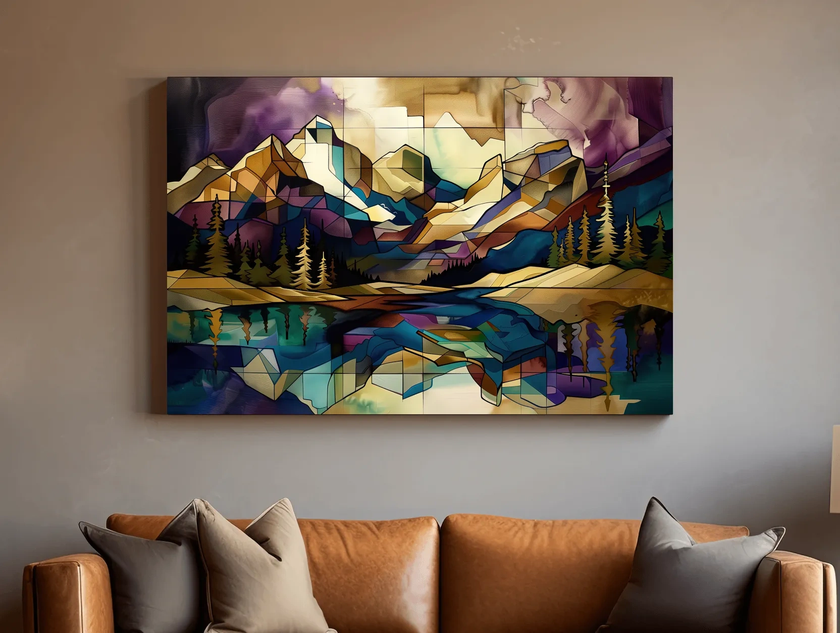 Geometric Stained Glass Mountain Lake Reflection - Colorful Abstract Landscape Artwork