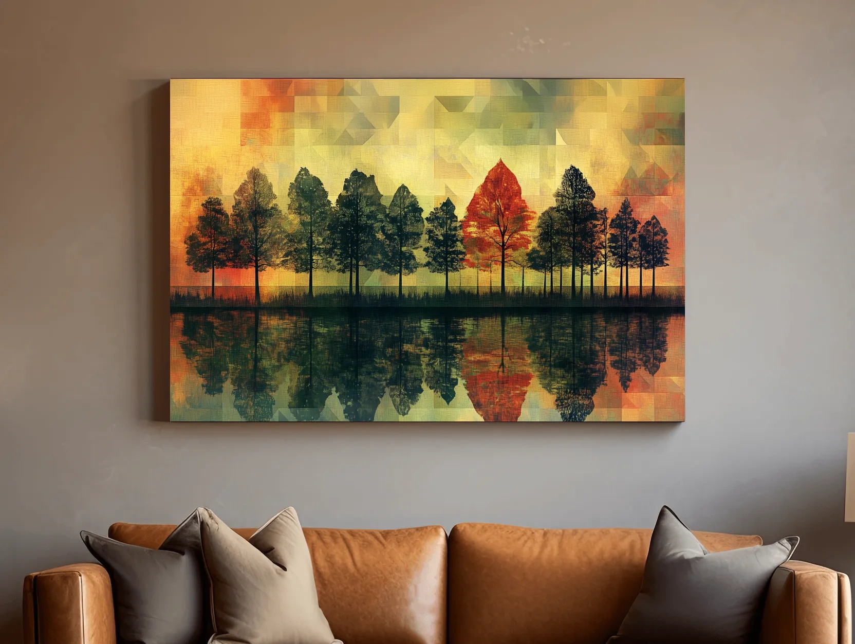 Abstract Geometric Autumn Forest Reflection - Modern Mosaic Landscape Artwork