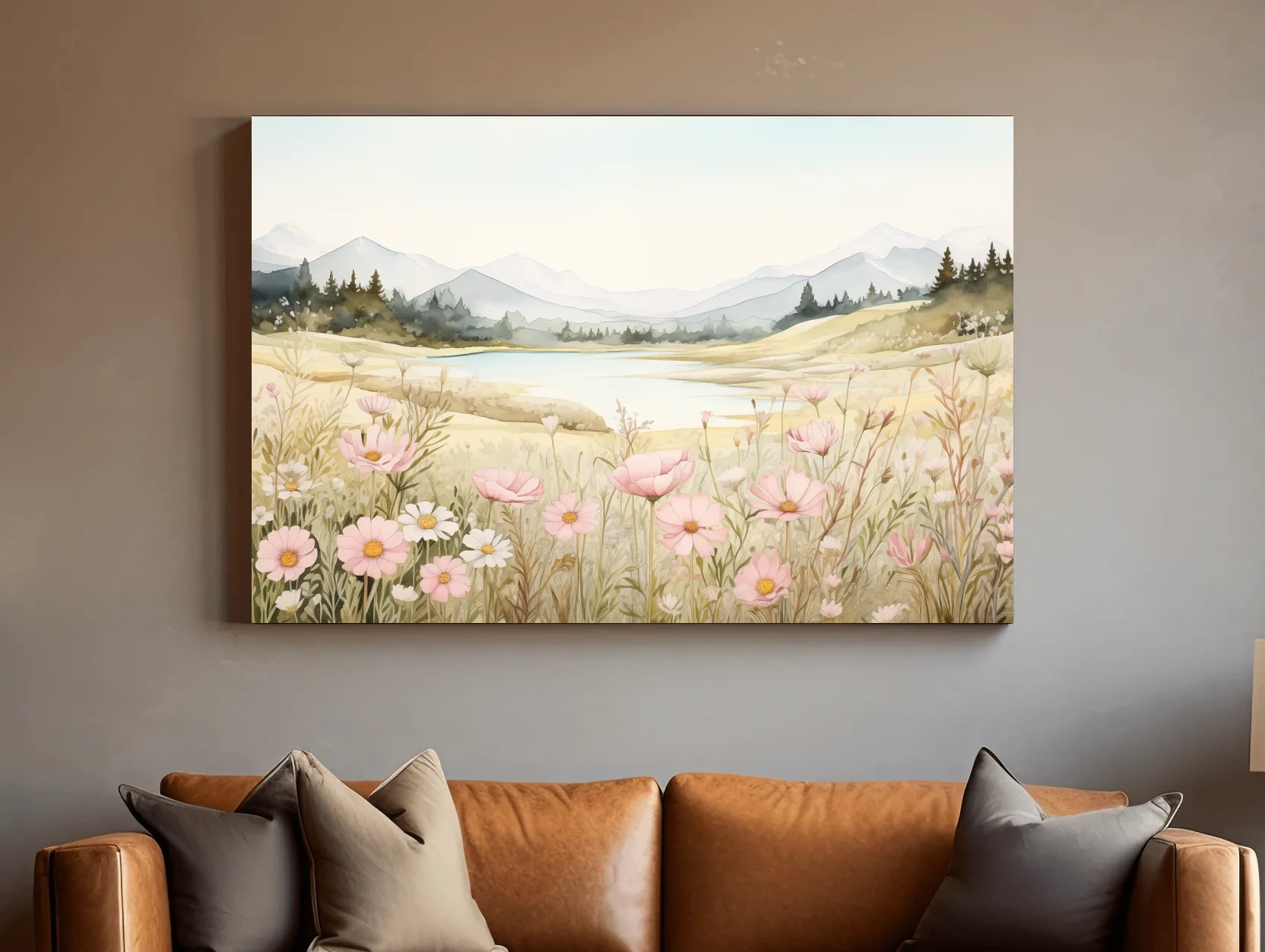 Soft Watercolor Wildflower Meadow Landscape - Serene Pastel Alpine Wall Art