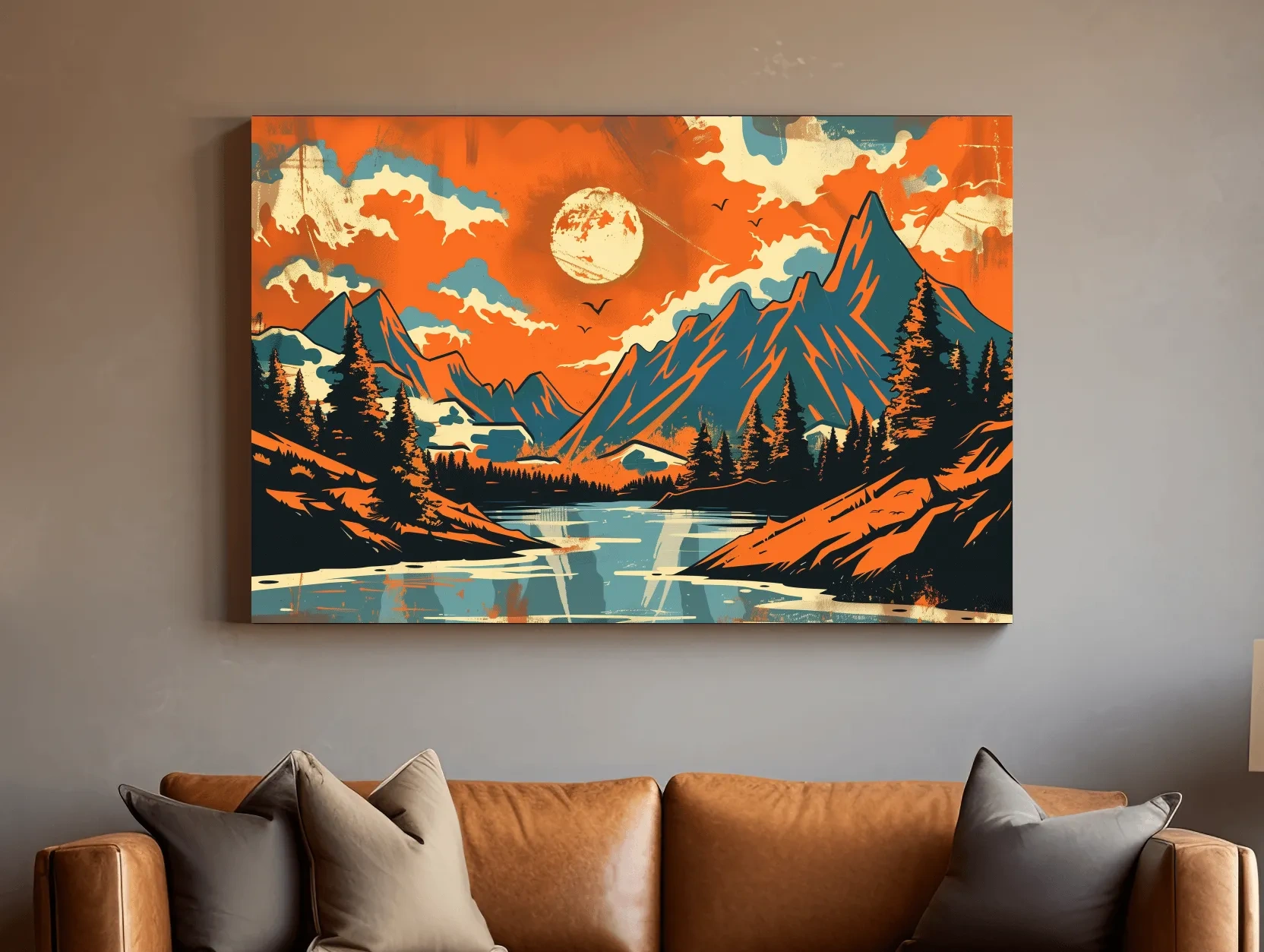 Vibrant Retro Mountain Lake Sunset Illustration - Bold Vector Landscape Wall Art