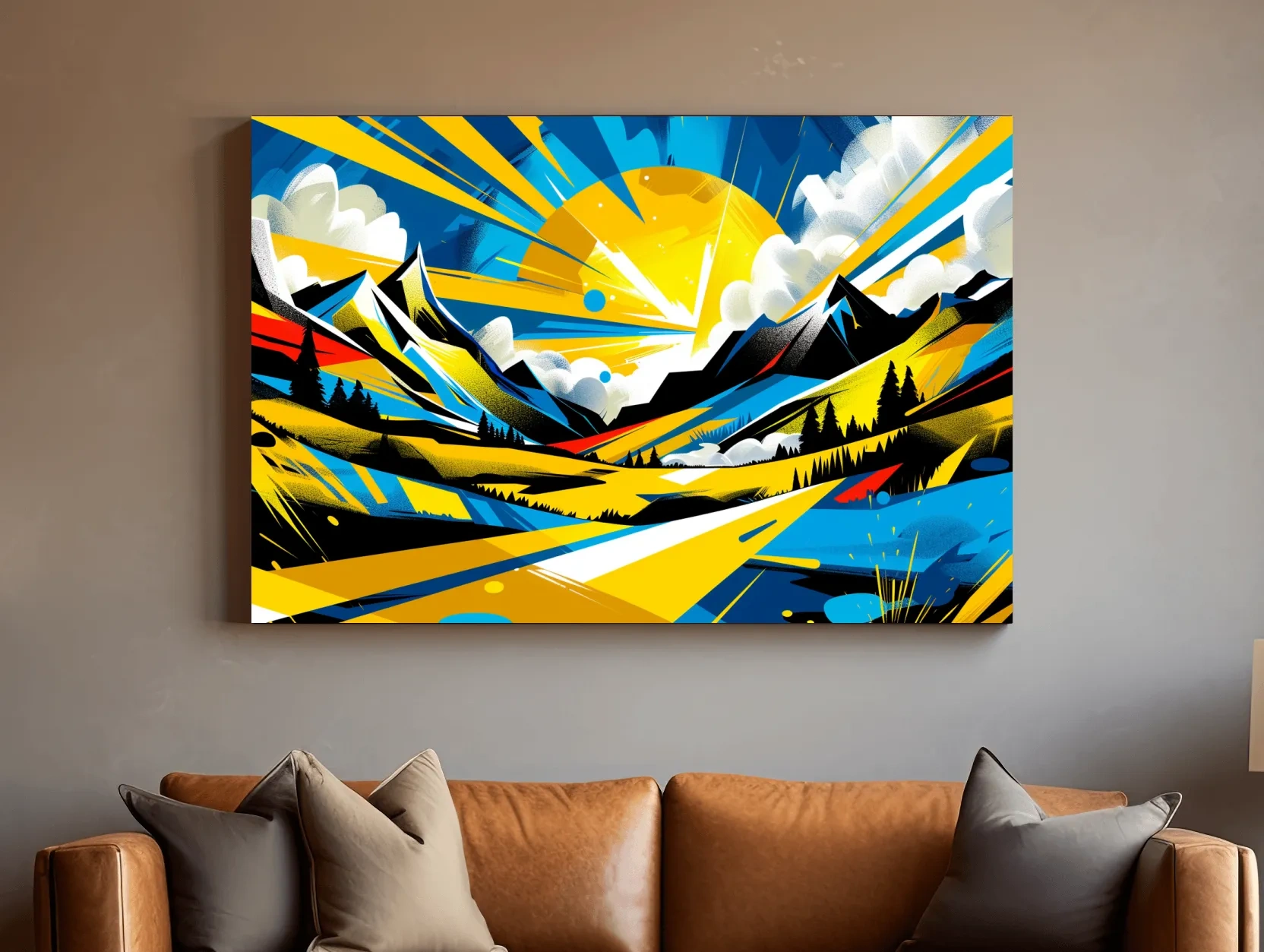 Vibrant Geometric Graffiti Mountain Sunset Landscape - Bold Pop Art Style Wall Art