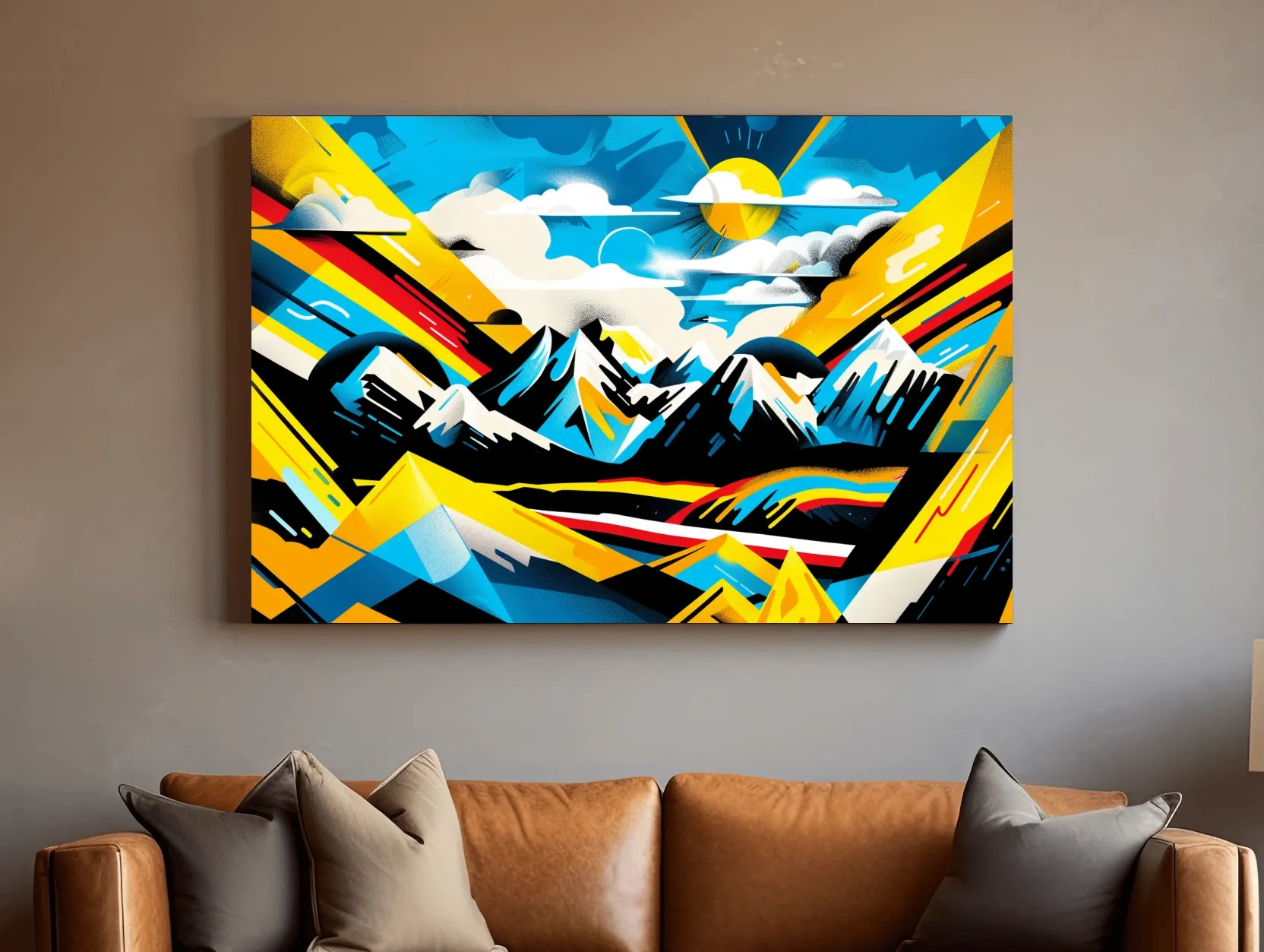 Vibrant Colorful Mountain Sunrise Illustration - Graffiti Style Landscape Wall Art