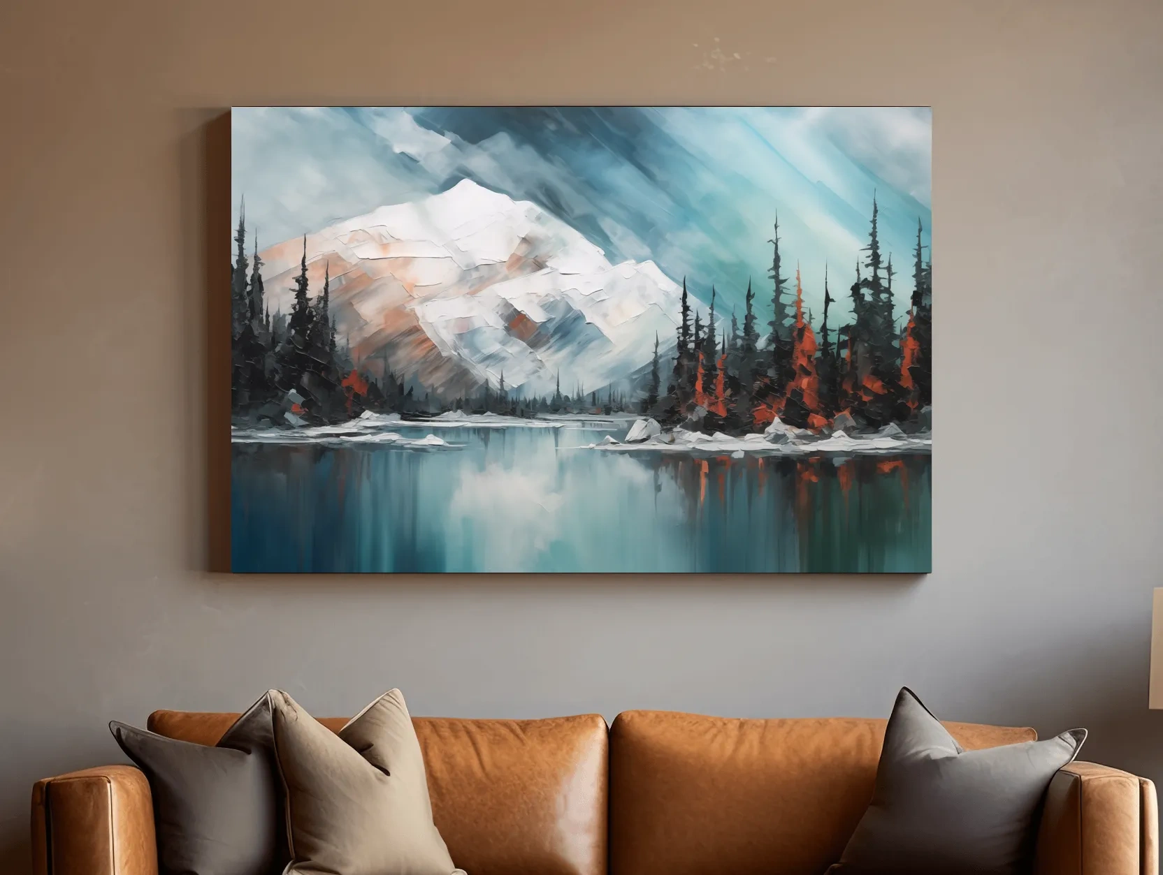 Alpine Glacier Lake Impasto Style Painting - Textured Forest Wall Art