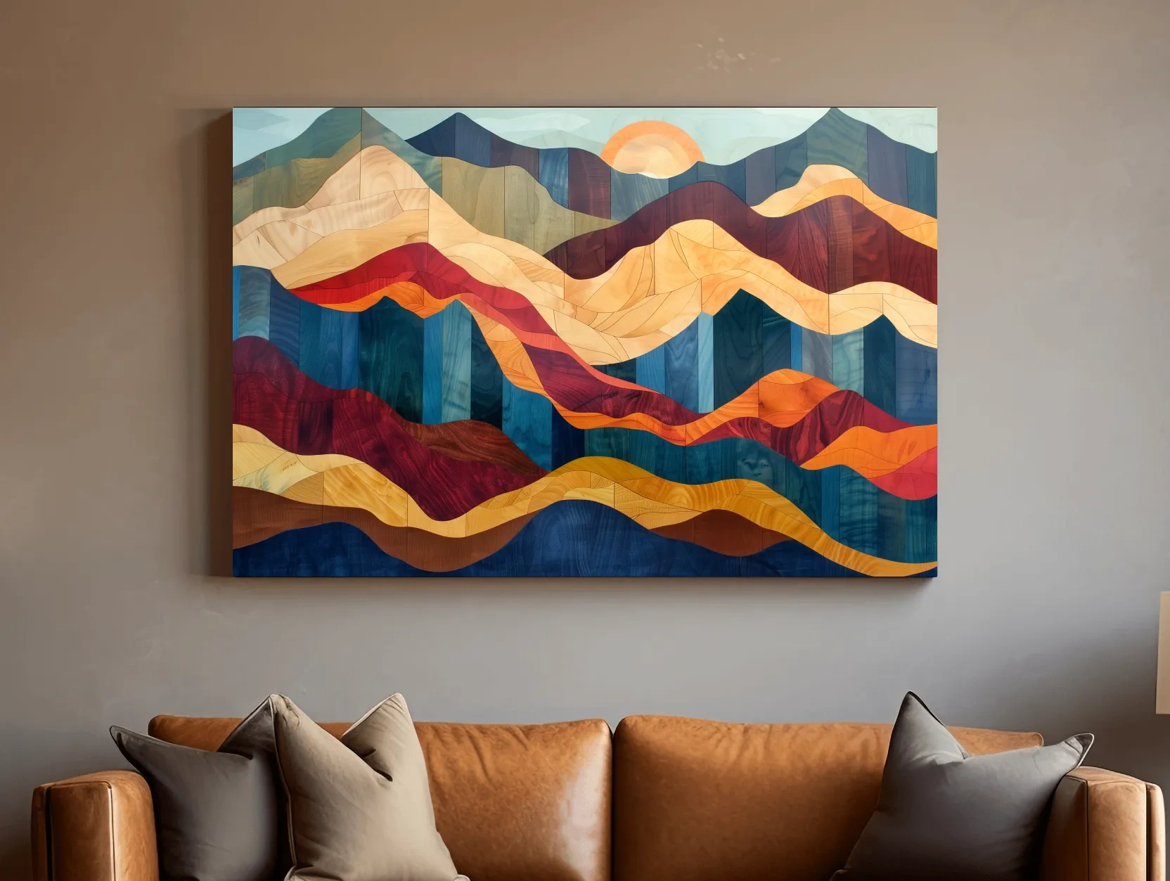 Layered Abstract Mountain Sunset Woodgrain - Mid Century Modern Wall Art