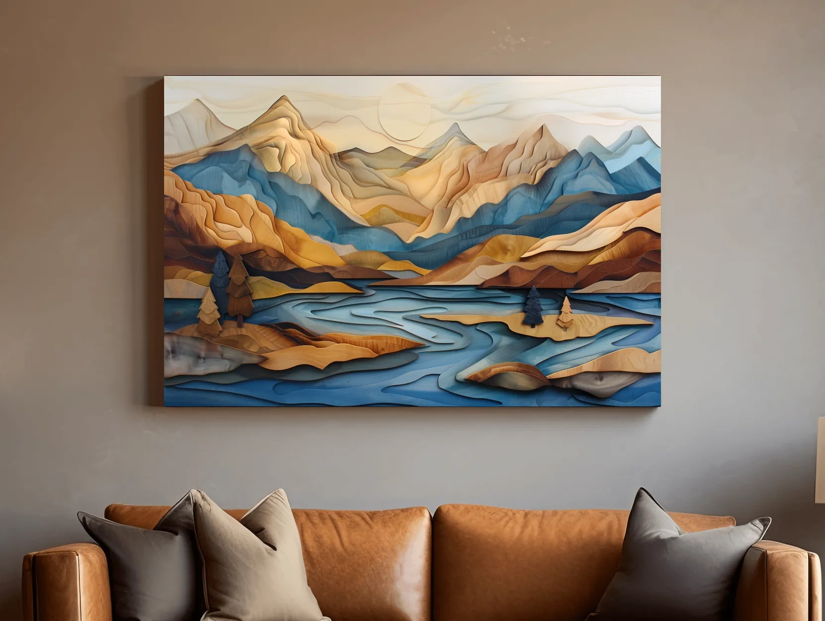 Wood Intarsia Style Alpine Mountain Lake Landscape - Modern Abstract Wall Art