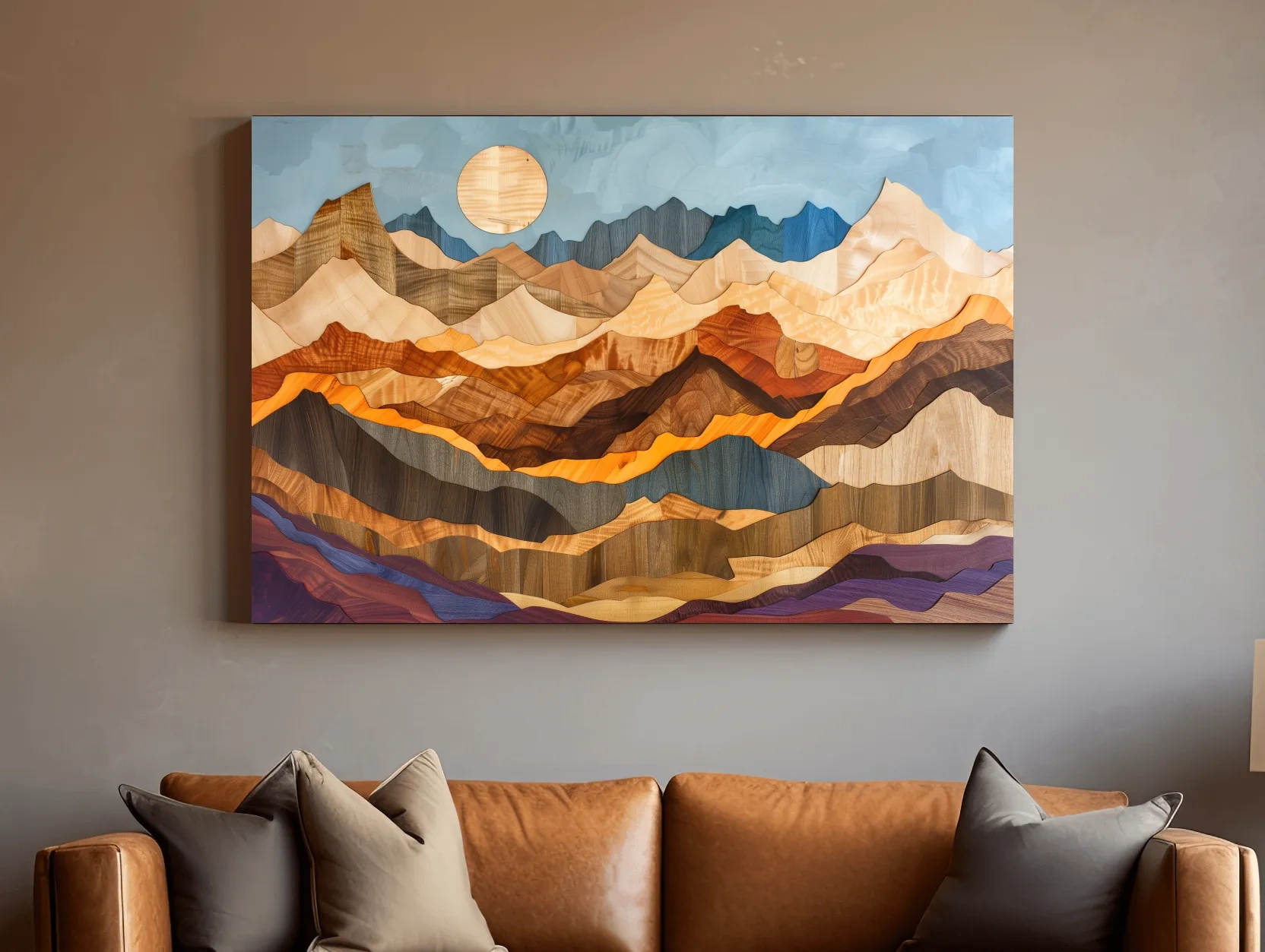 Layered Wooden Mountain Range - Intarsia Style Canvas Wall Art