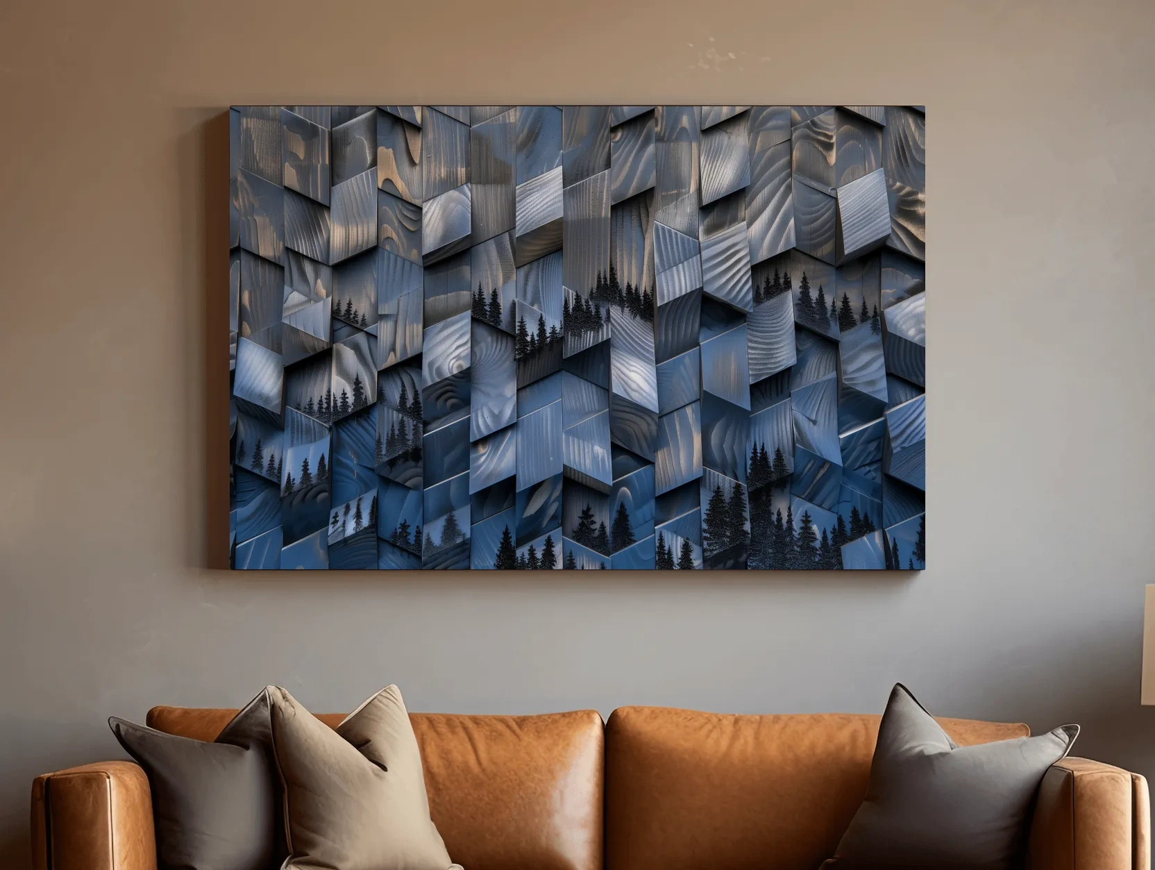 Wood Block Mountain Forest Collage - 3D Effect Abstract Landscape Wall Art