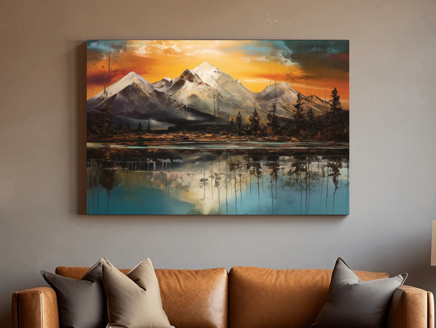 Abstract oil painting of an alpine lake at sunset