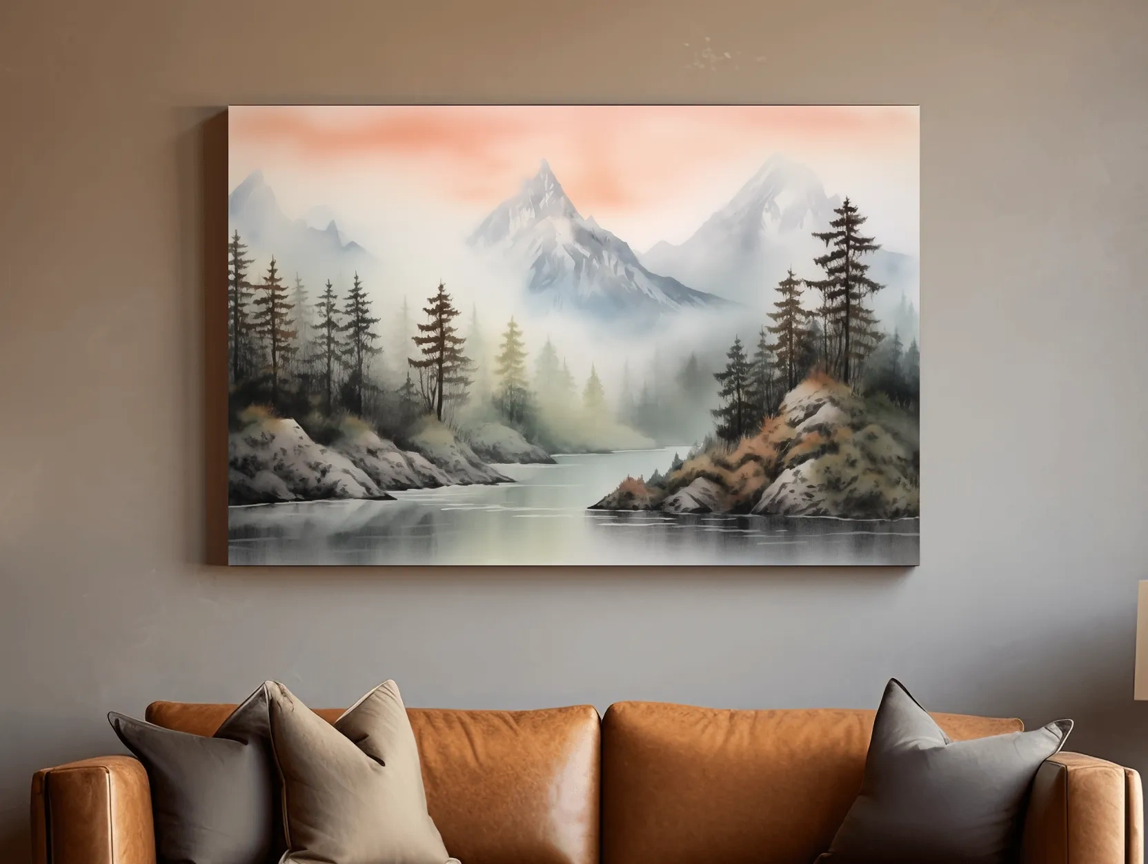 Misty Watercolor Mountain Lake Landscape - Serene Pine Forest Wall Art