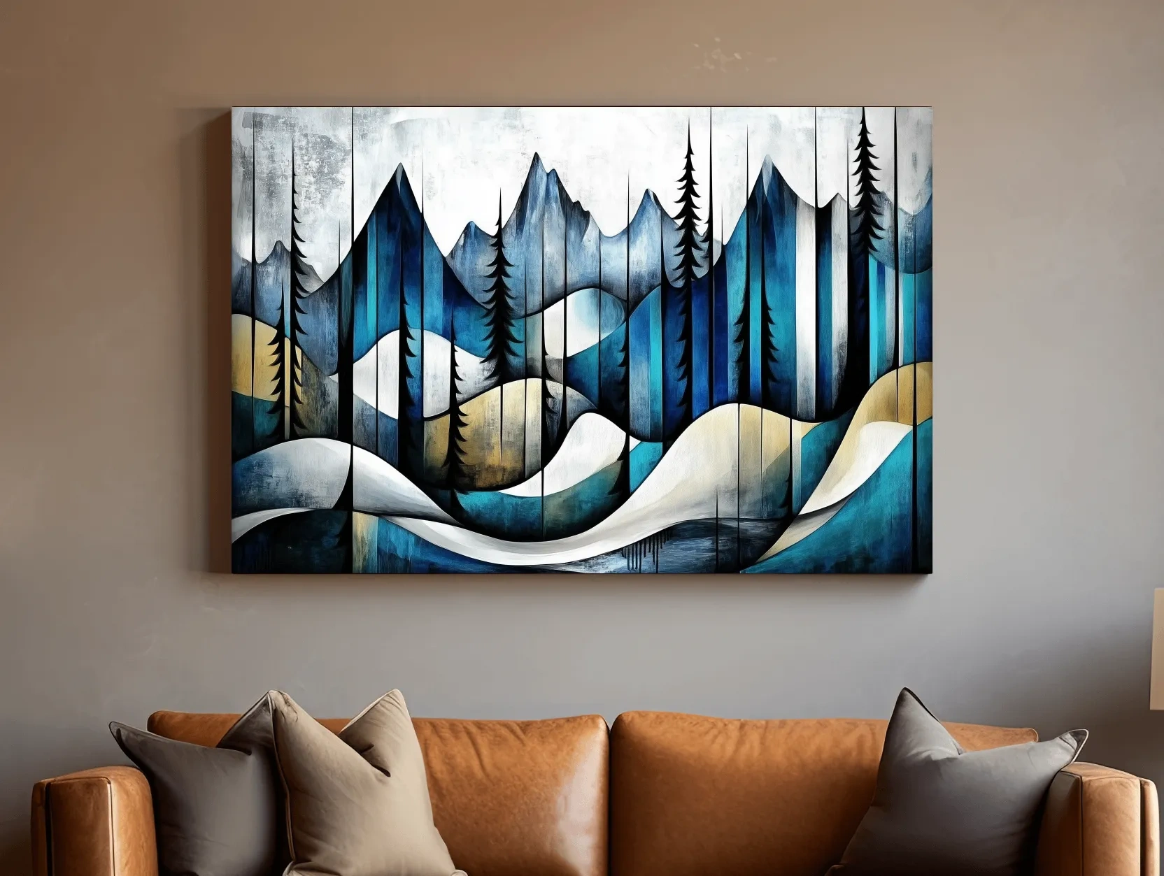 Abstract mountain painting, trees in the alpine, textured effect