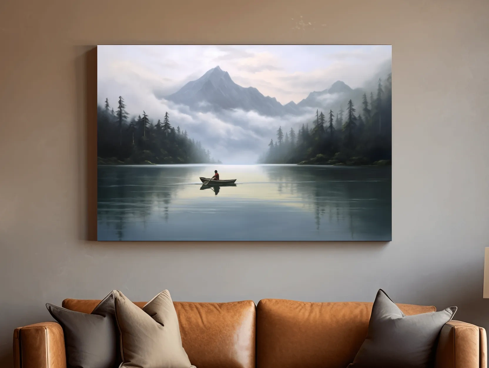 Misty Mountain Alpine Lake Canoe Scene - Serene Landscape Wall Art