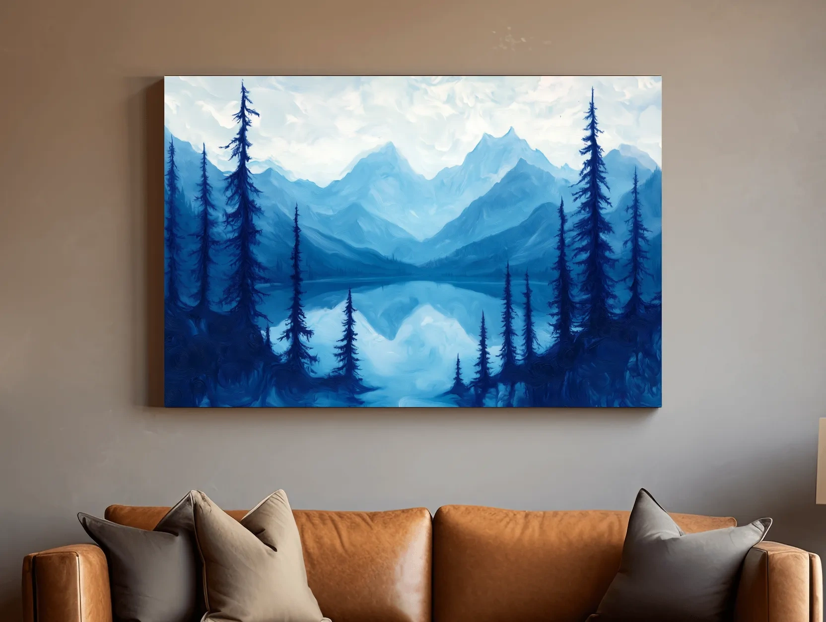 Serene Blue Mountain Lake Oil Painting - Alpine Forest Landscape Artwork