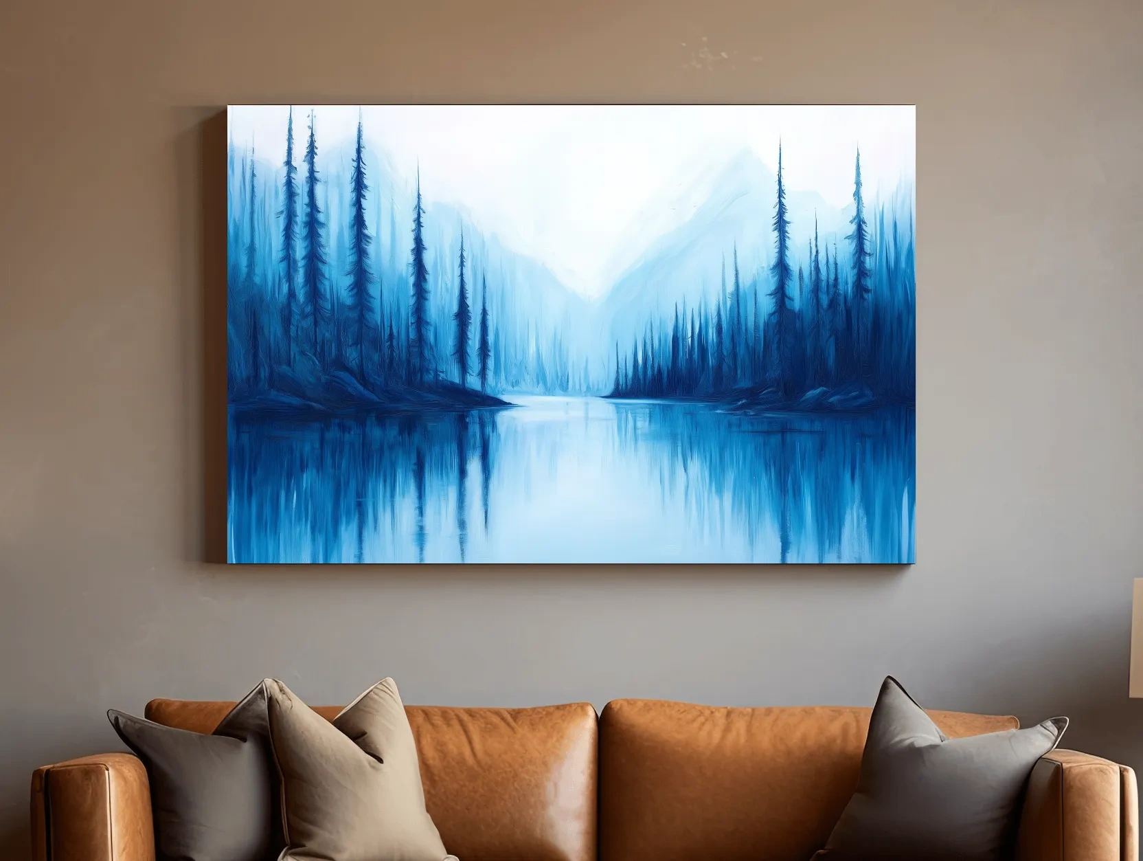 Misty Blue Alpine Lake & Pine Forest - Impressionist Landscape Painting Artwork