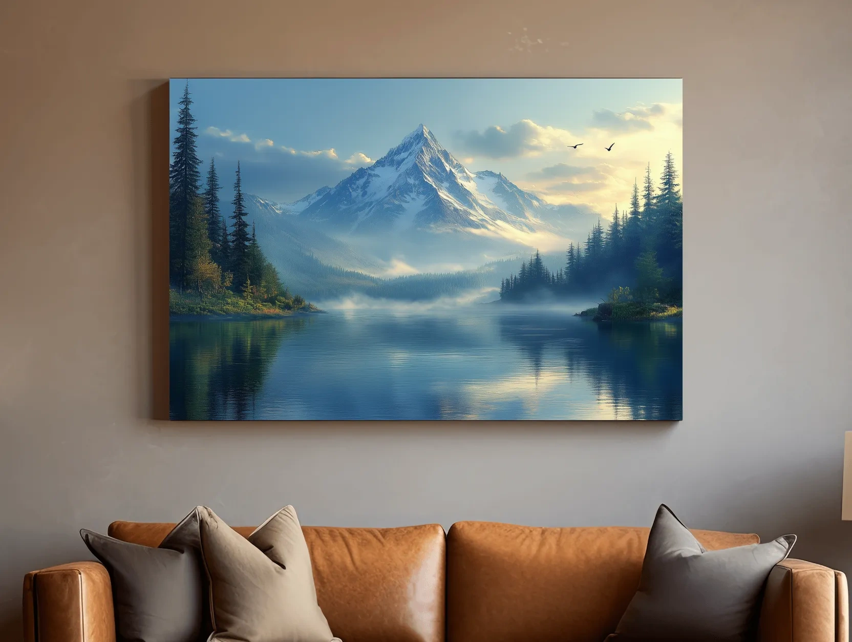 Misty Alpine Mountain Lake Sunset - Pine Forest Artwork