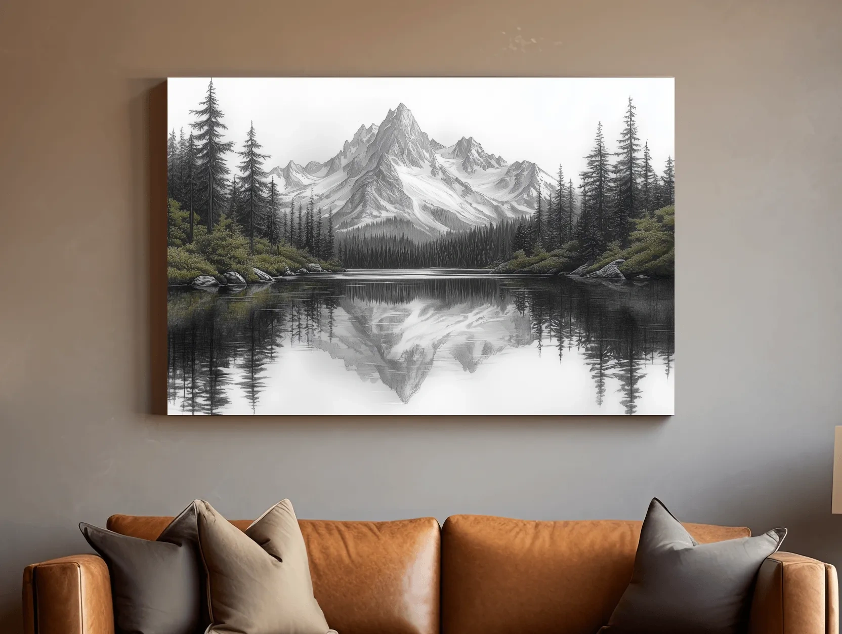 Monochrome Alpine Mountain Lake Reflection Sketch Artwork - Minimalist Forest Landscape Wall Art