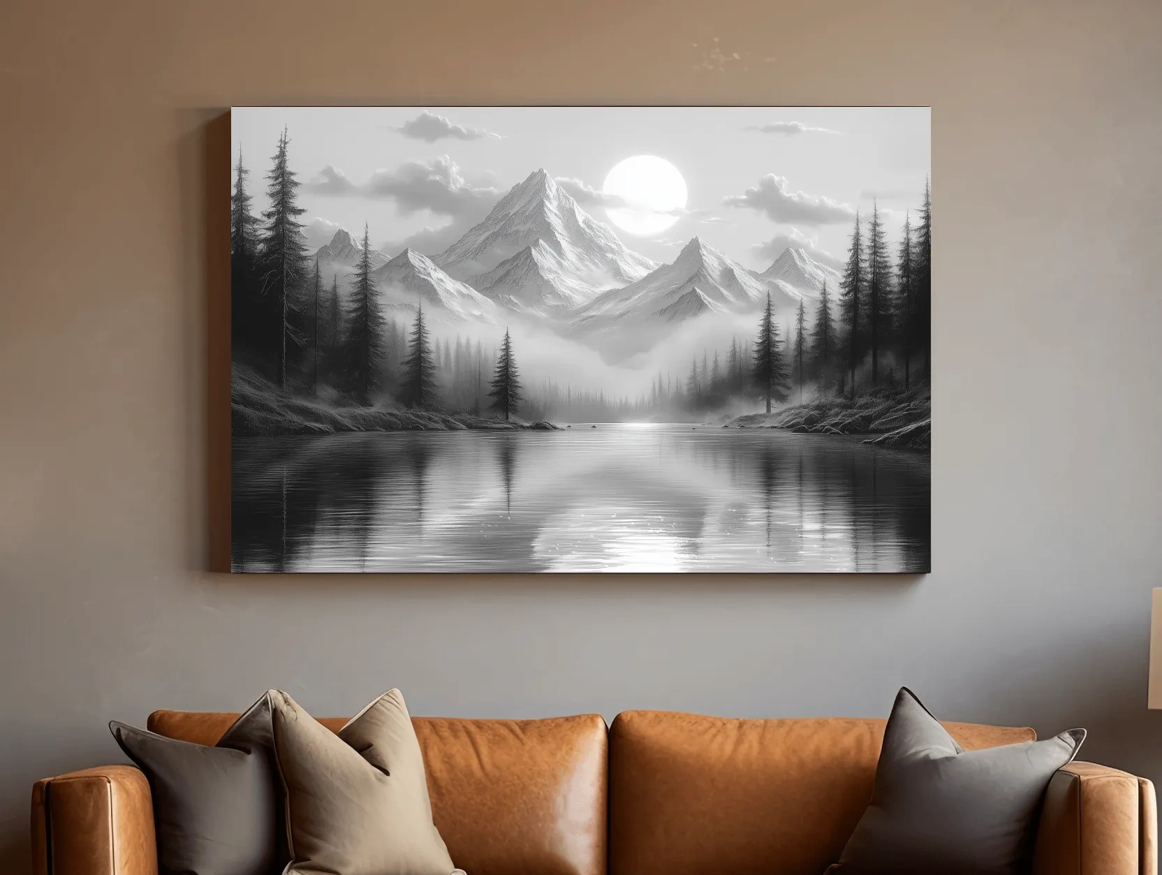 Monochrome Misty Alpine Lake Landscape - Mountain Forest Wall Art