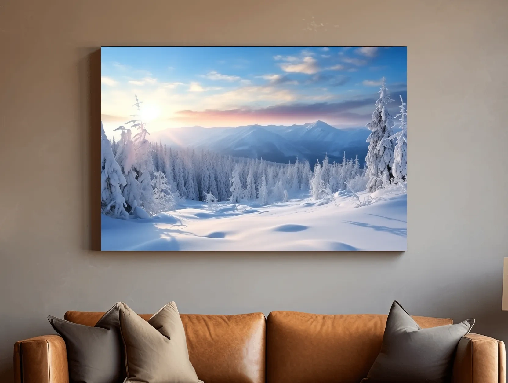 Serene Winter Mountain Sunrise Artwork - Snowy Pine Forest Photographic Wall Art