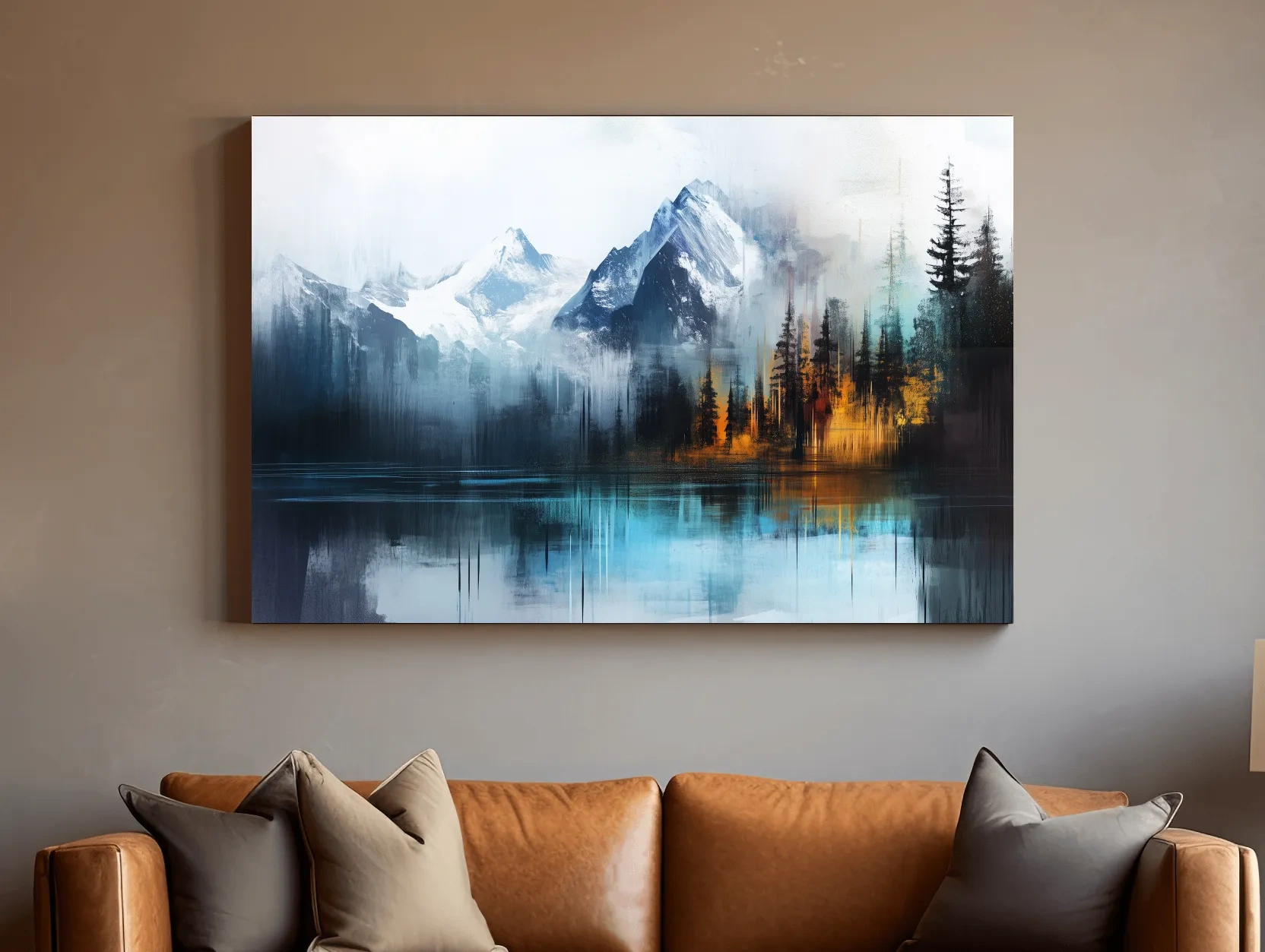 Misty Mountain & Lake Reflection - Abstract Painting Pine Forest Wall Art