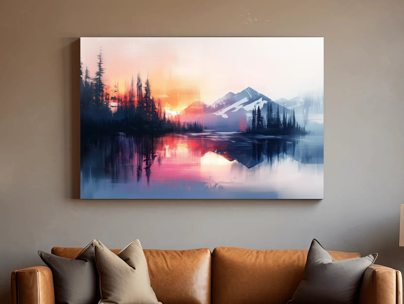 Vibrant Sunset Alpine Mountain Lake Reflection - Abstract Watercolor Forest Wall Art