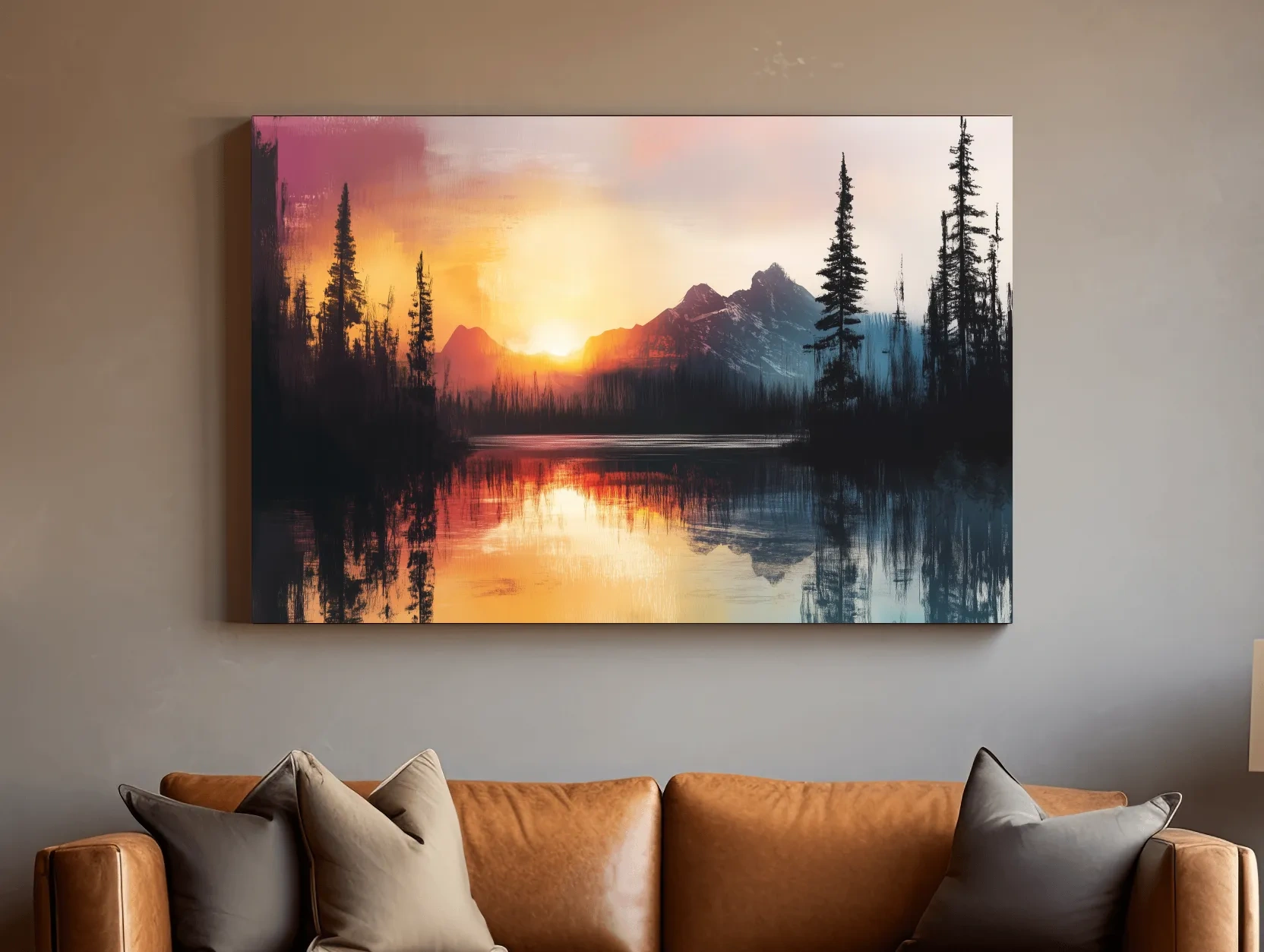 Sunset Mountain Lake Reflection Painting - Dramatic Pine Forest Landscape Wall Art
