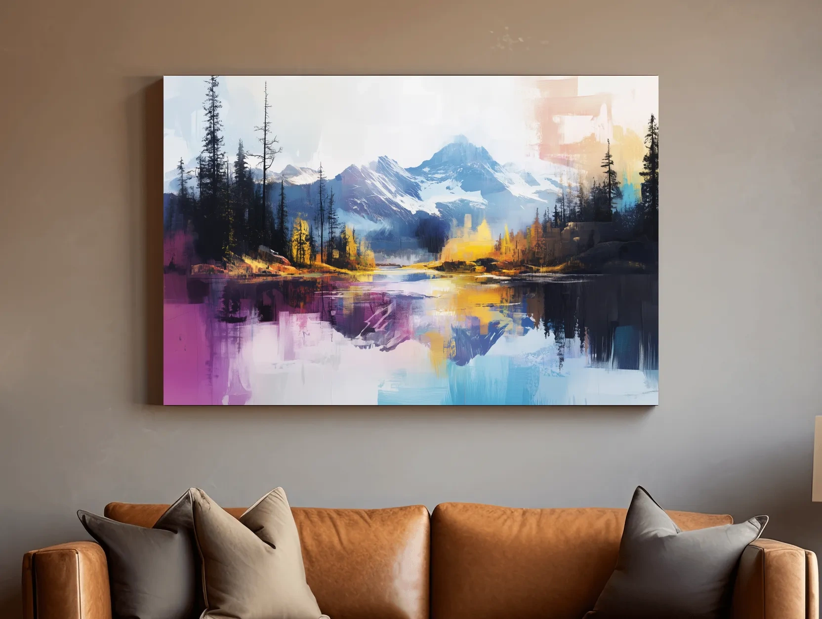 Vibrant Abstract Mountain Lake Reflection Painting - Colorful Modern Landscape Wall Art