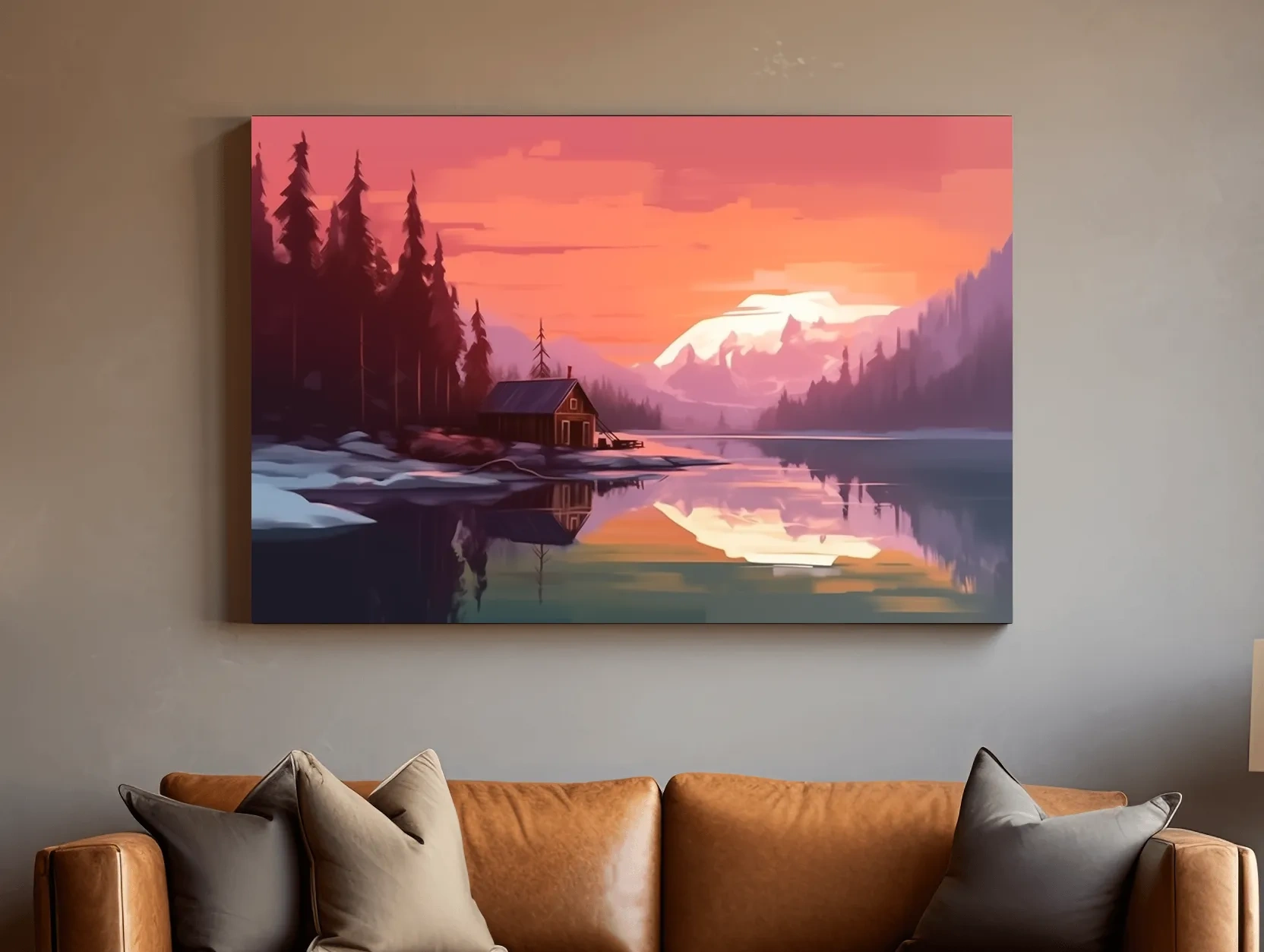 Sunset Mountain Lake Cabin Painting - Serene Alpine Landscape Wall Art