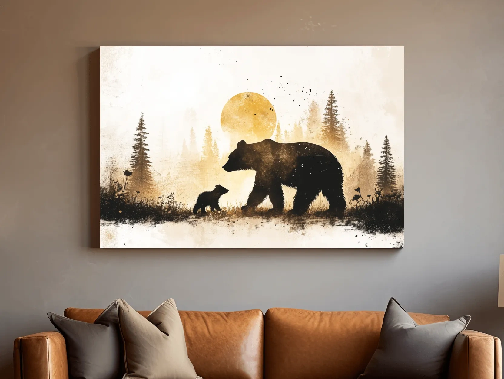 Momma bear and her cub in the forest, textured illustration wall artwork