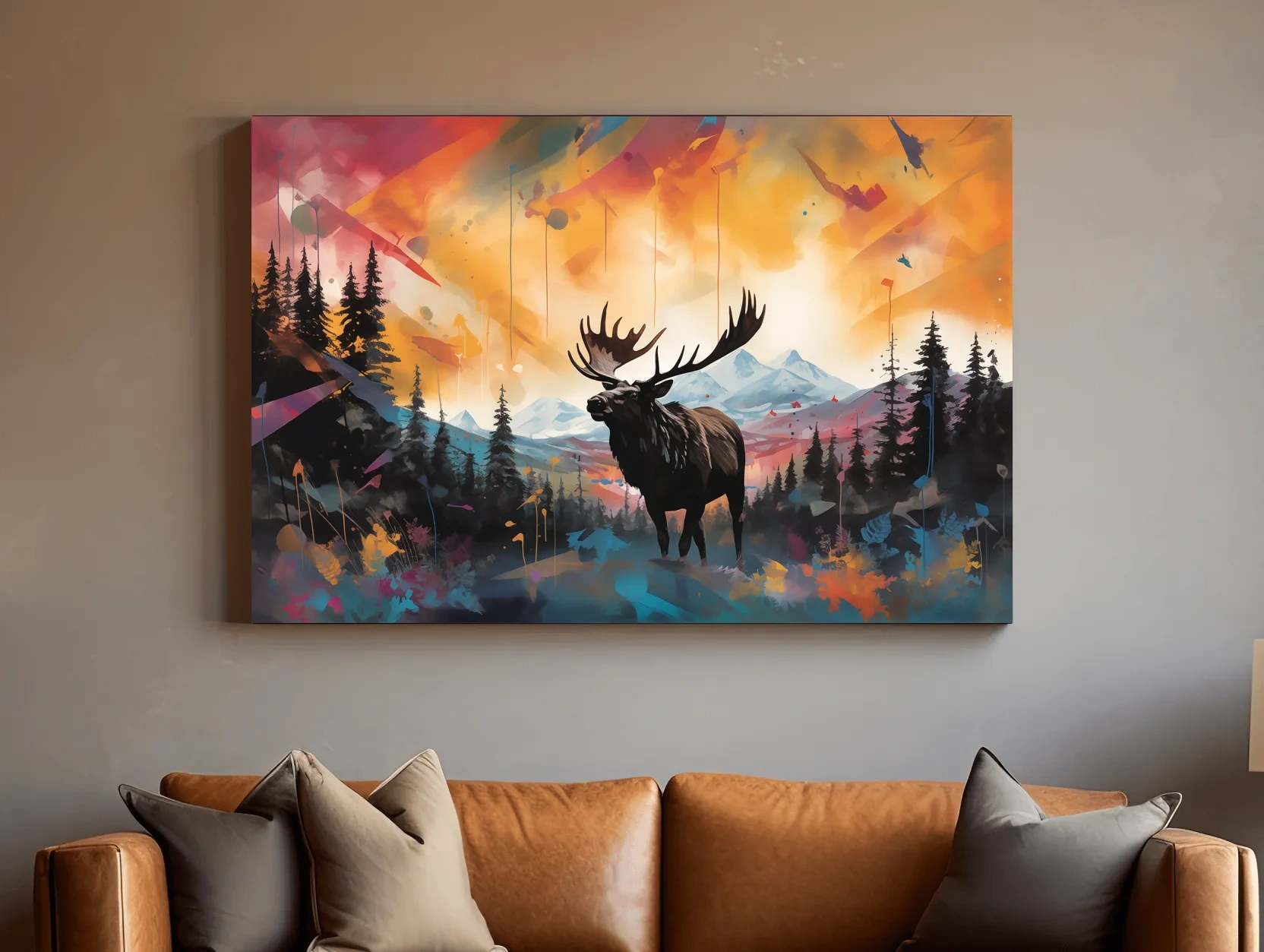 Vibrant Abstract Moose Mountain Painting - Colorful Wildlife Wall Art