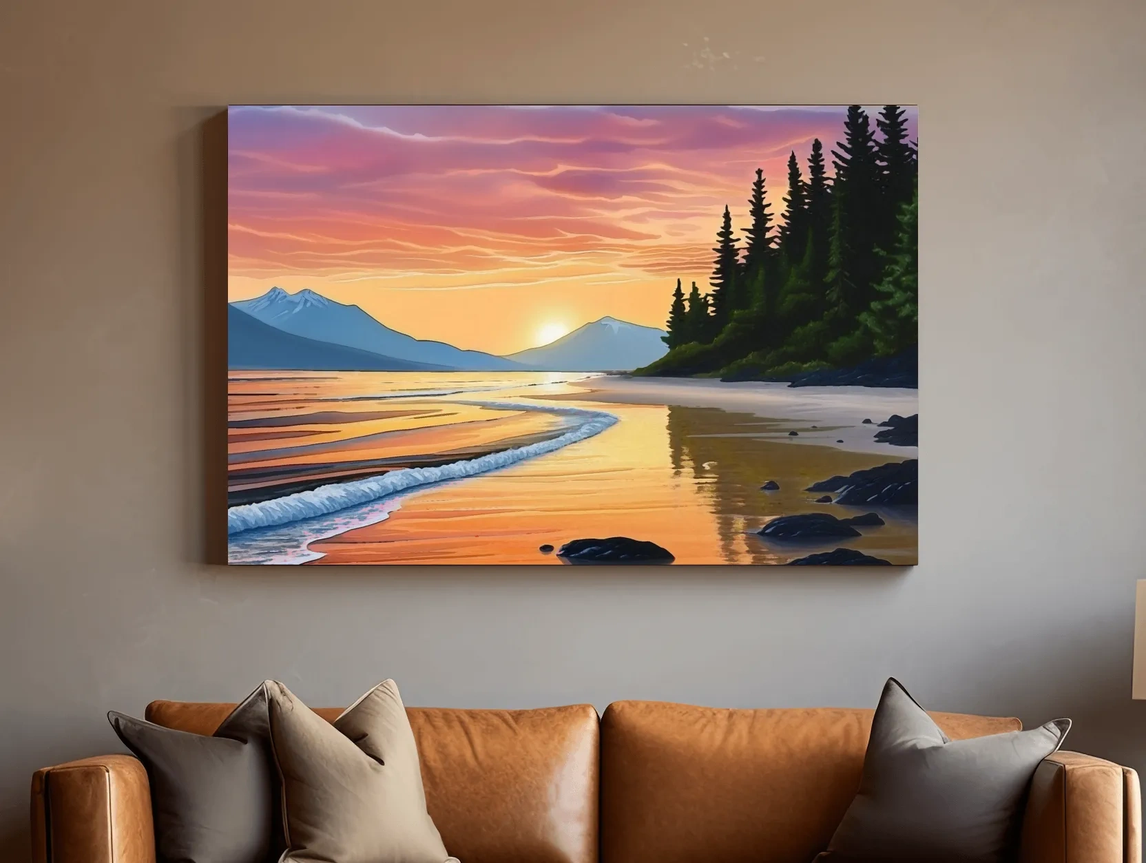 Pacific Northwest Coastal Sunset Beach Painting - Vibrant Pine Wall Art