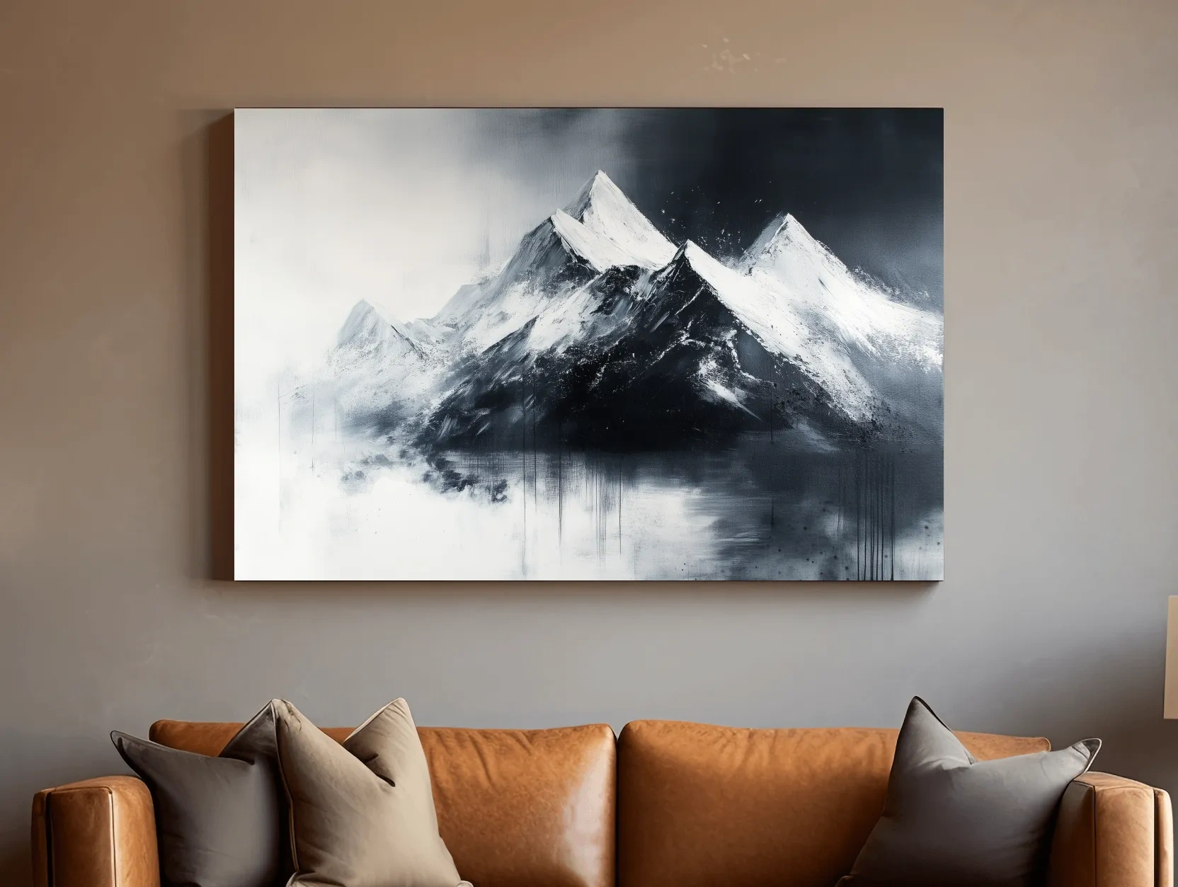 Moody Monochrome Snowcapped Mountain Peaks Painting - Modern Minimalist Wall Art
