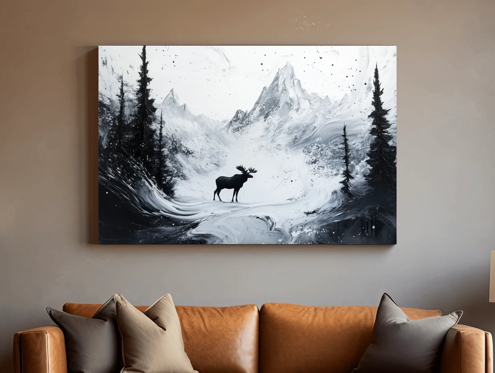 Moody Monochrome Moose Alpine Meadows - Abstract Ink Wash Wildlife Wall Art