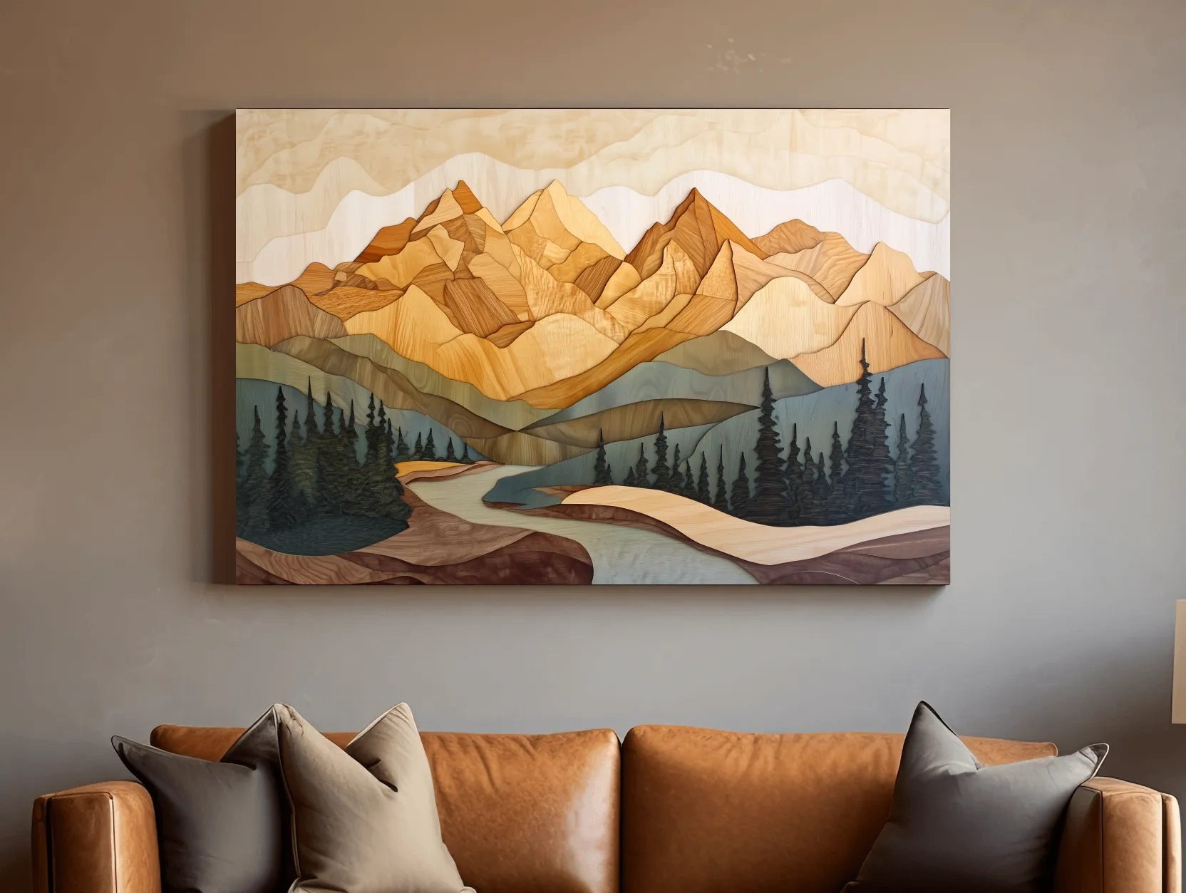 Wood Intarsia Mountain Landscape - Warm Earth Tone Alpine Forest Wall Art